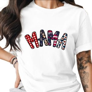 Patriotic Mama T-Shirt, Distressed American Flag Gingham Leopard Stars Graphic Tee, Mama Bear Gift, Fourth of July Outfit