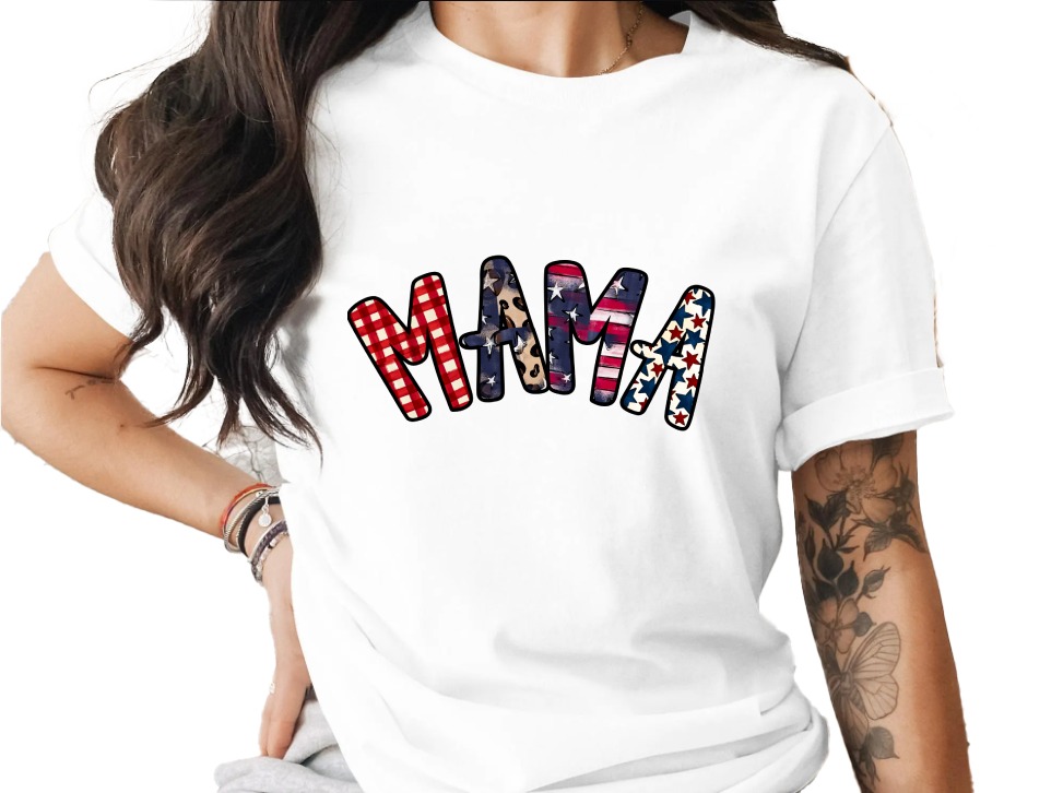 Patriotic Mama T-Shirt, Distressed American Flag Gingham Leopard Stars Graphic Tee, Mama Bear Gift, Fourth of July Outfit