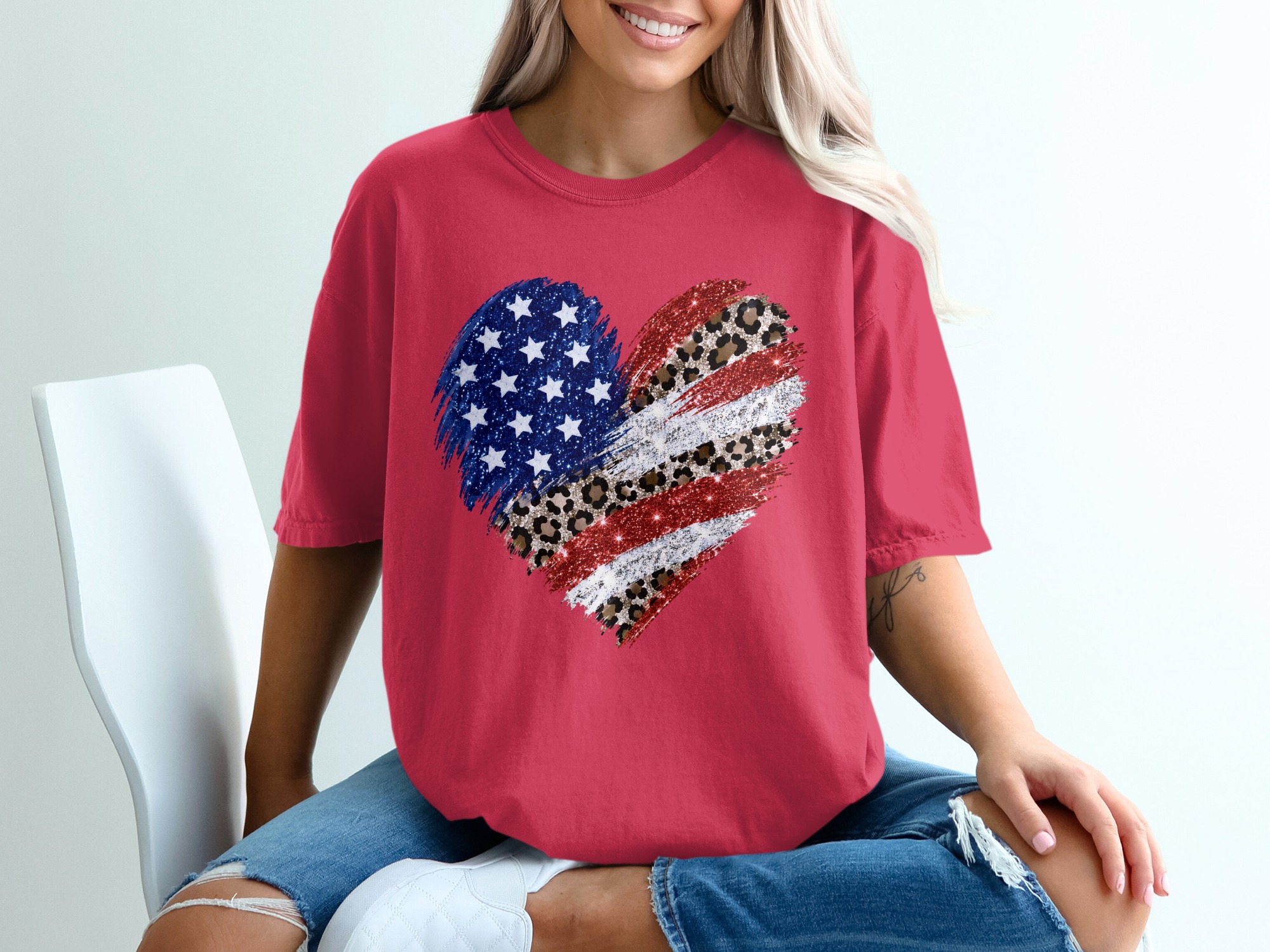 Comfort Colors® Patriotic Leopard Heart T-Shirt, American Flag Glitter Tee, 4th of July Shirt, Memorial Day, USA Pride, Trendy Gift for Her - Image 14