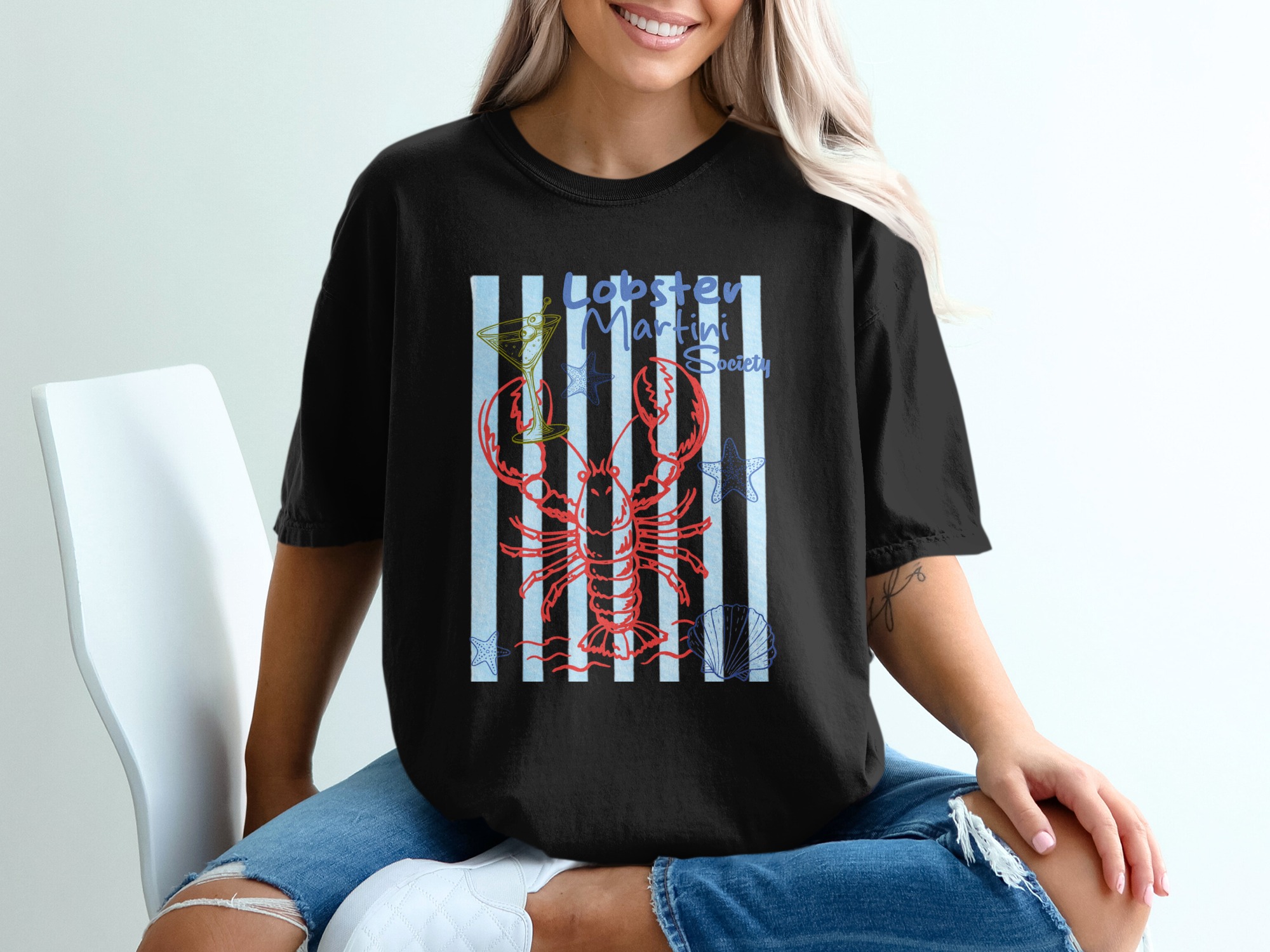 Lobster Martini Society T-Shirt, Coastal Ocean Beach Martini Lover Shirt, Preppy Nautical Summer Vacation Tee, Seafood Cocktail Party Gift - Image 5