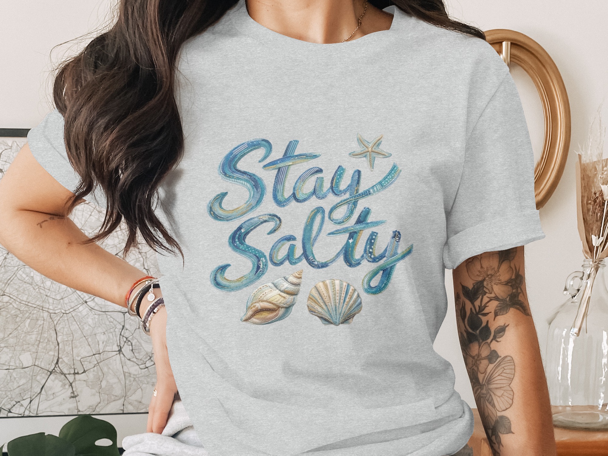 Stay Salty T-Shirt, Beach Lover Gift, Coastal Ocean Tee with Faux Fabric Texture Design, Summer Vacation Apparel, Nautical Sea Shell - Image 2