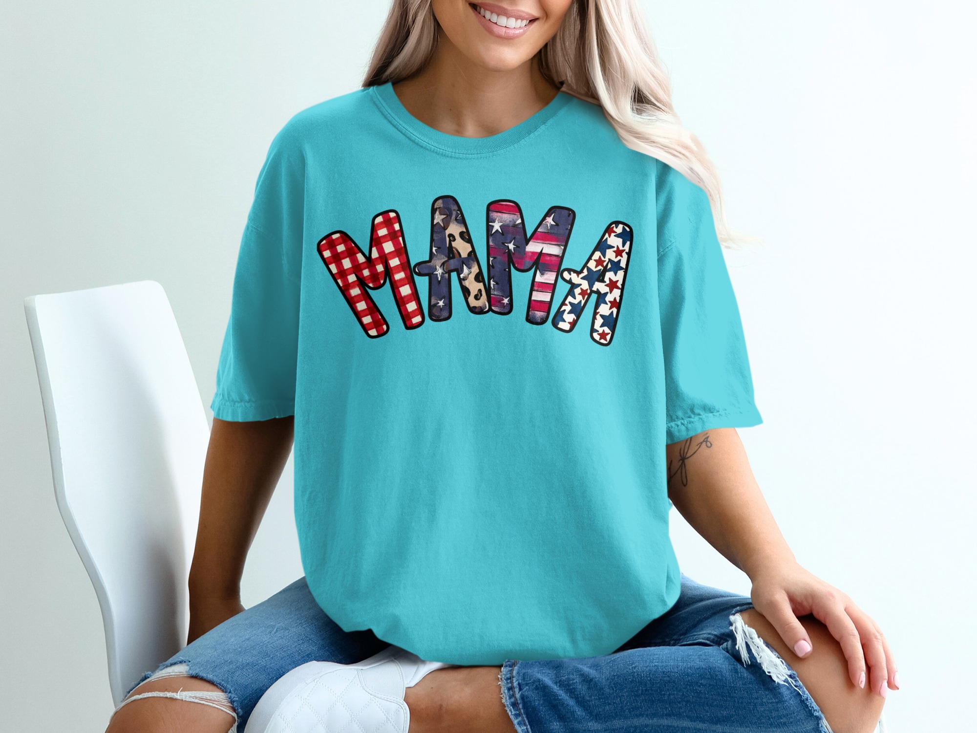 Patriotic Mama T-Shirt, Distressed American Flag Gingham Leopard Stars Graphic Tee, Mama Bear Gift, Fourth of July Outfit - Image 9