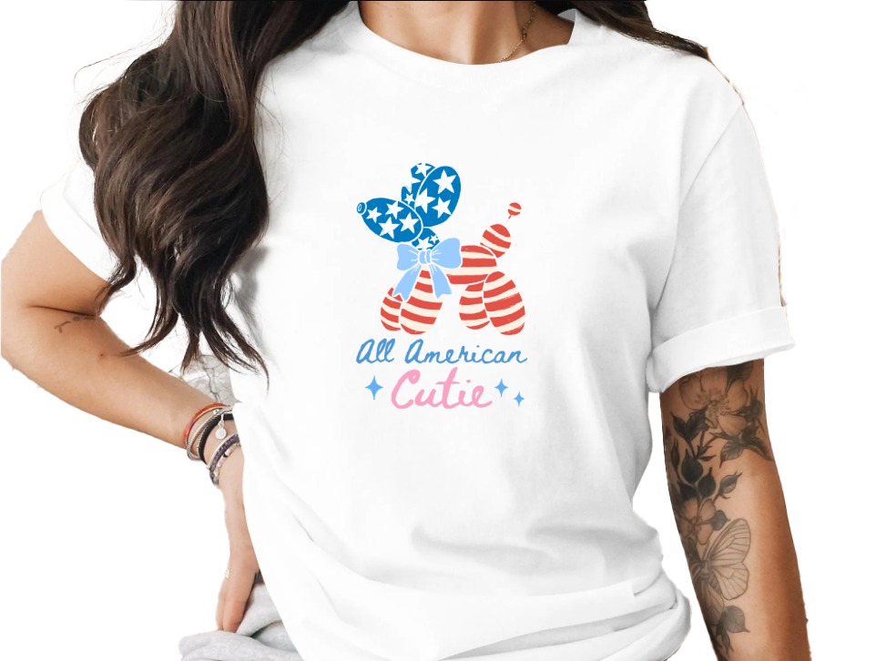 All American Cutie T-Shirt, Patriotic Balloon Dog Fourth of July Tee, Summer USA Flag Shirt for Women & Girls, Memorial Day Outfit