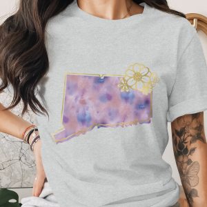 Connecticut State T-Shirt, Watercolor CT Outline with Faux Gold Flowers, Aesthetic Boho State Pride Tee, CT Gift for Her