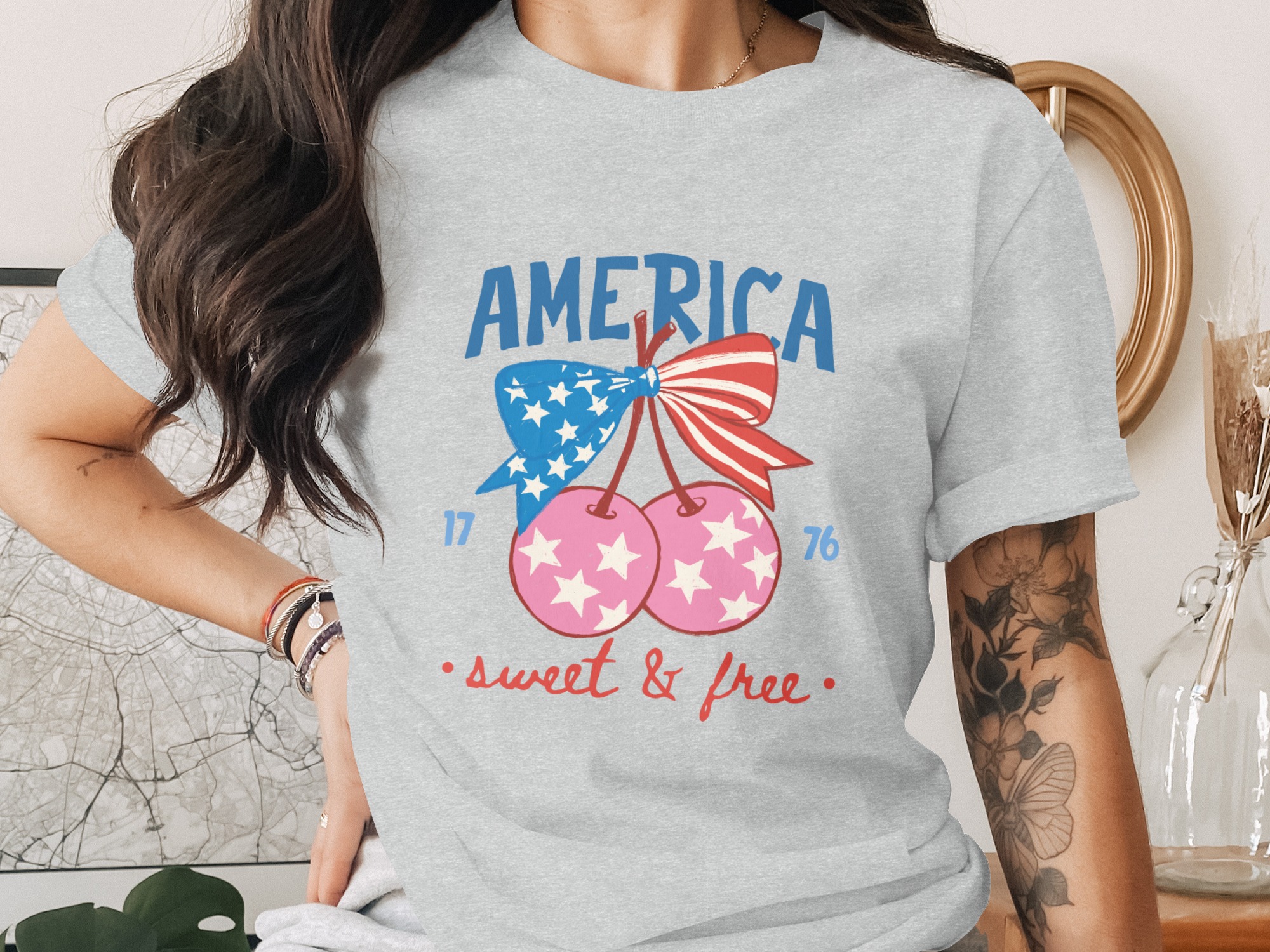 America Sweet & Free T-Shirt, Patriotic Cherry Bow Tee, Fourth of July Vintage Style Shirt, USA Flag Summer Graphic Tee Gift for Her - Image 2