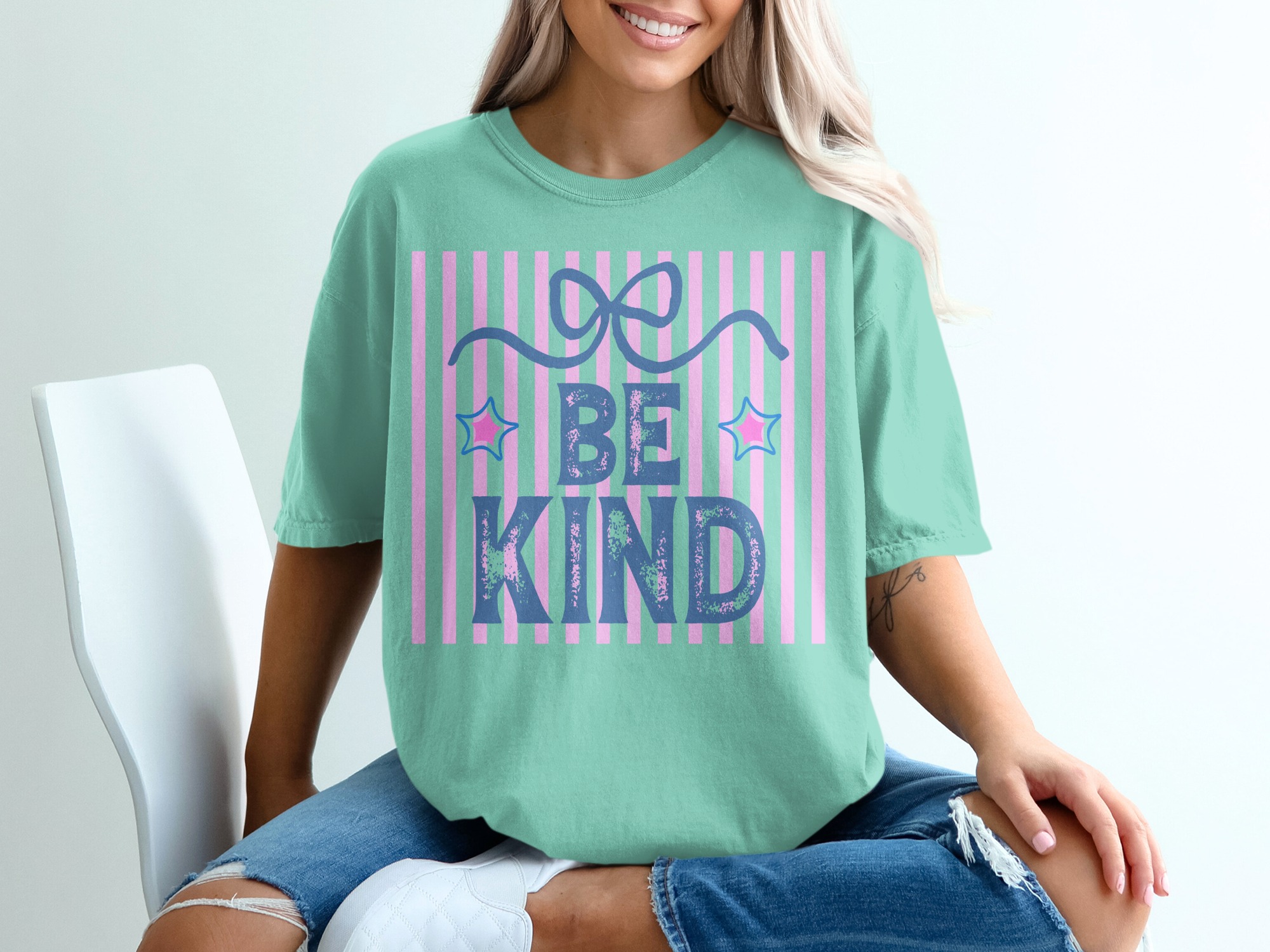 Be Kind T-Shirt, Distressed Kindness Shirt, Positive Message Aesthetic Tee, Pastel Stripes Graphic Top, Cute Encouragement Gift for Her - Image 10