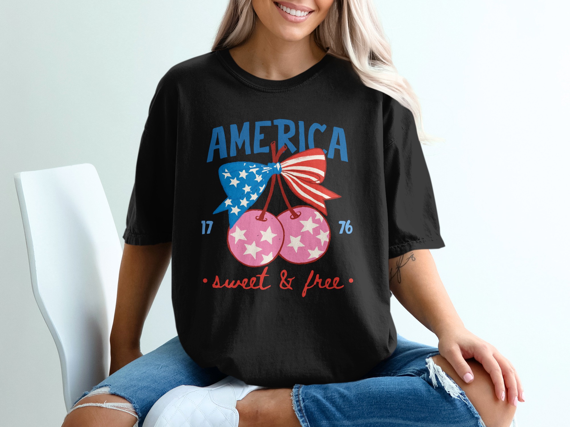 America Sweet & Free T-Shirt, Patriotic Cherry Bow Tee, Fourth of July Vintage Style Shirt, USA Flag Summer Graphic Tee Gift for Her - Image 8