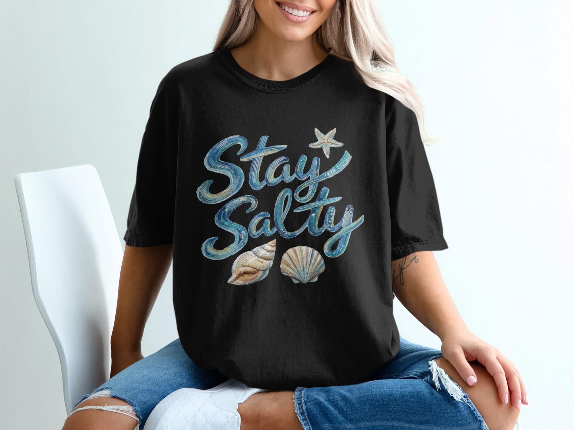 Stay Salty T-Shirt, Beach Lover Gift, Coastal Ocean Tee with Faux Fabric Texture Design, Summer Vacation Apparel, Nautical Sea Shell - Image 5
