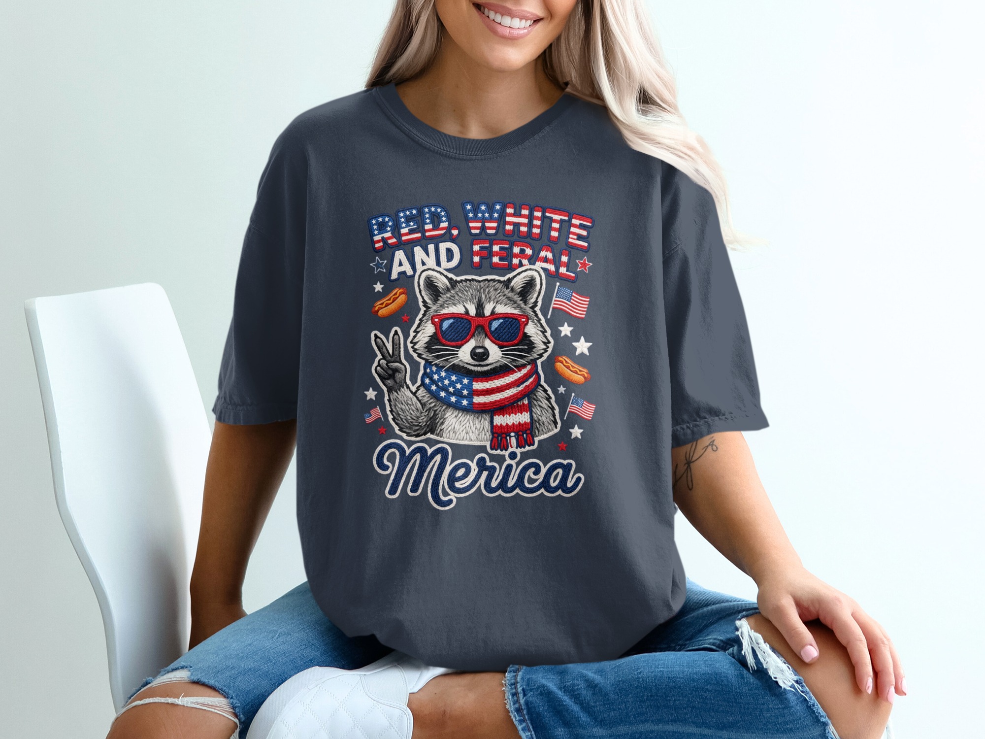Red White and Feral Merica Raccoon T-Shirt, Funny Patriotic 4th of July Tee, American Flag Animal Shirt, Summer Party Gift - Image 12