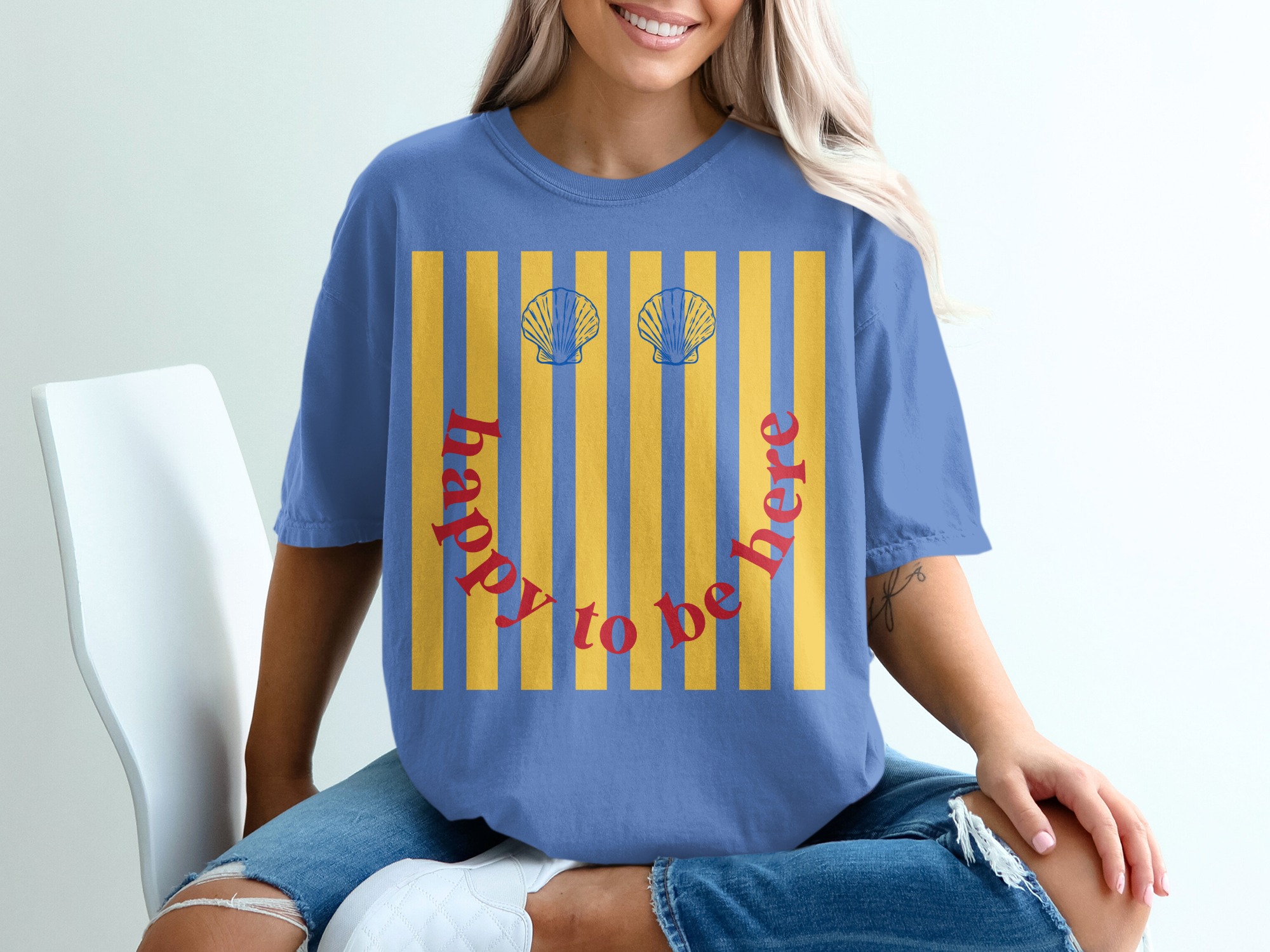 Happy To Be Here T-Shirt, Retro Smiley Face Beach Tee, Seashell Stripe Summer Vacation Shirt, Positive Vibes Graphic Top - Image 20