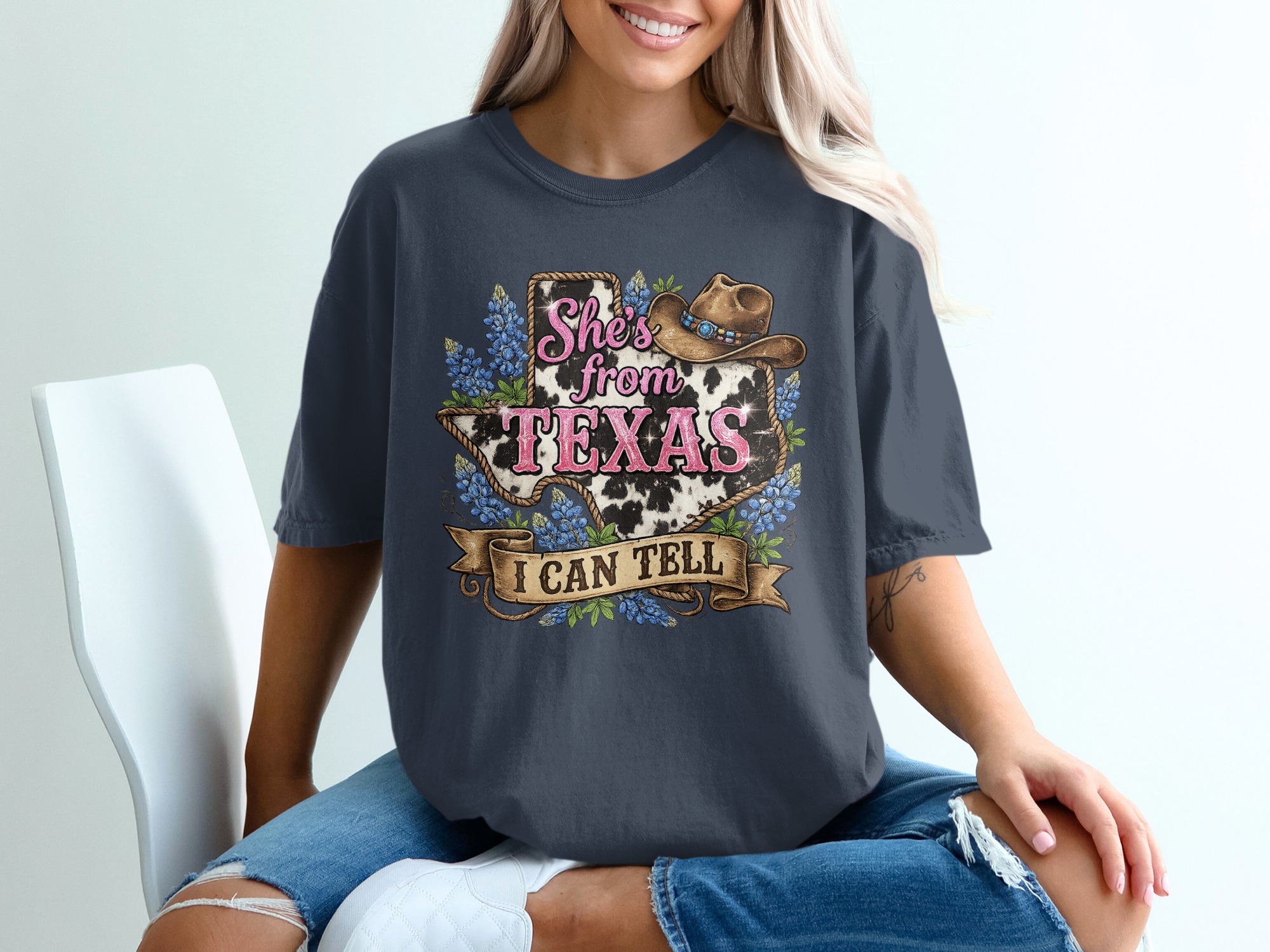 She's from Texas T-Shirt, Cow Print Bluebonnet Texas Tee, Western Country Style Southern Pride Gift for Her - Image 12