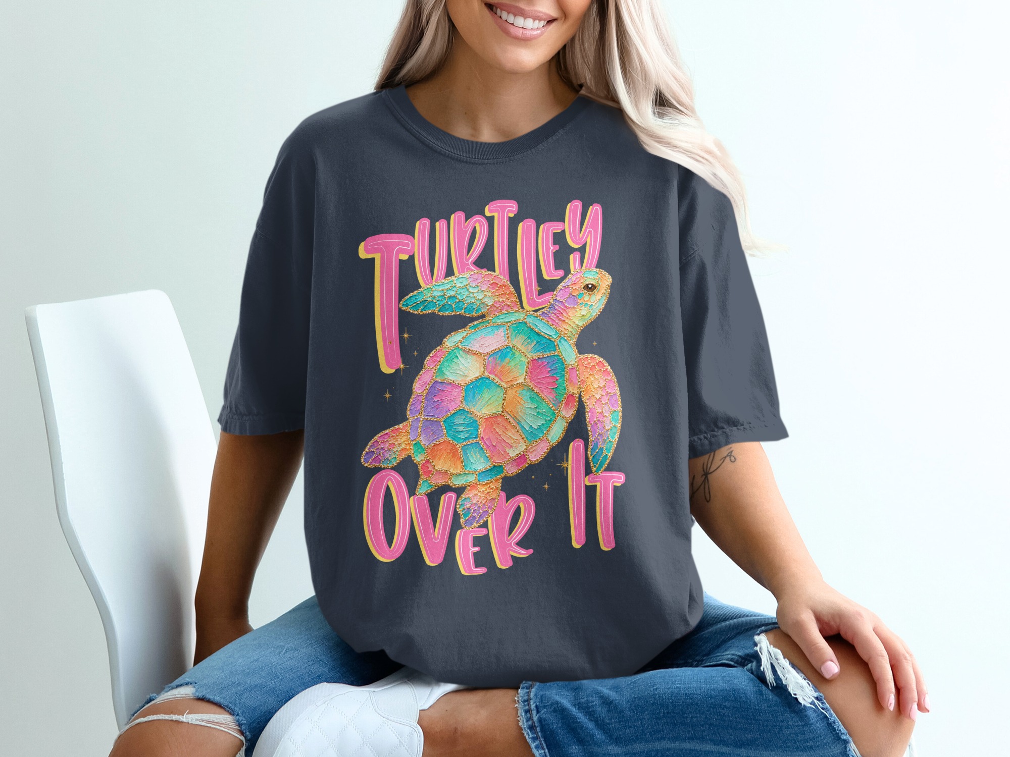Turtley Over It T-Shirt, Faux Glitter Sea Turtle Tee, Sarcastic Beach Shirt, Colorful Ocean Lover Gift, Summer Vacation Top - Image 12