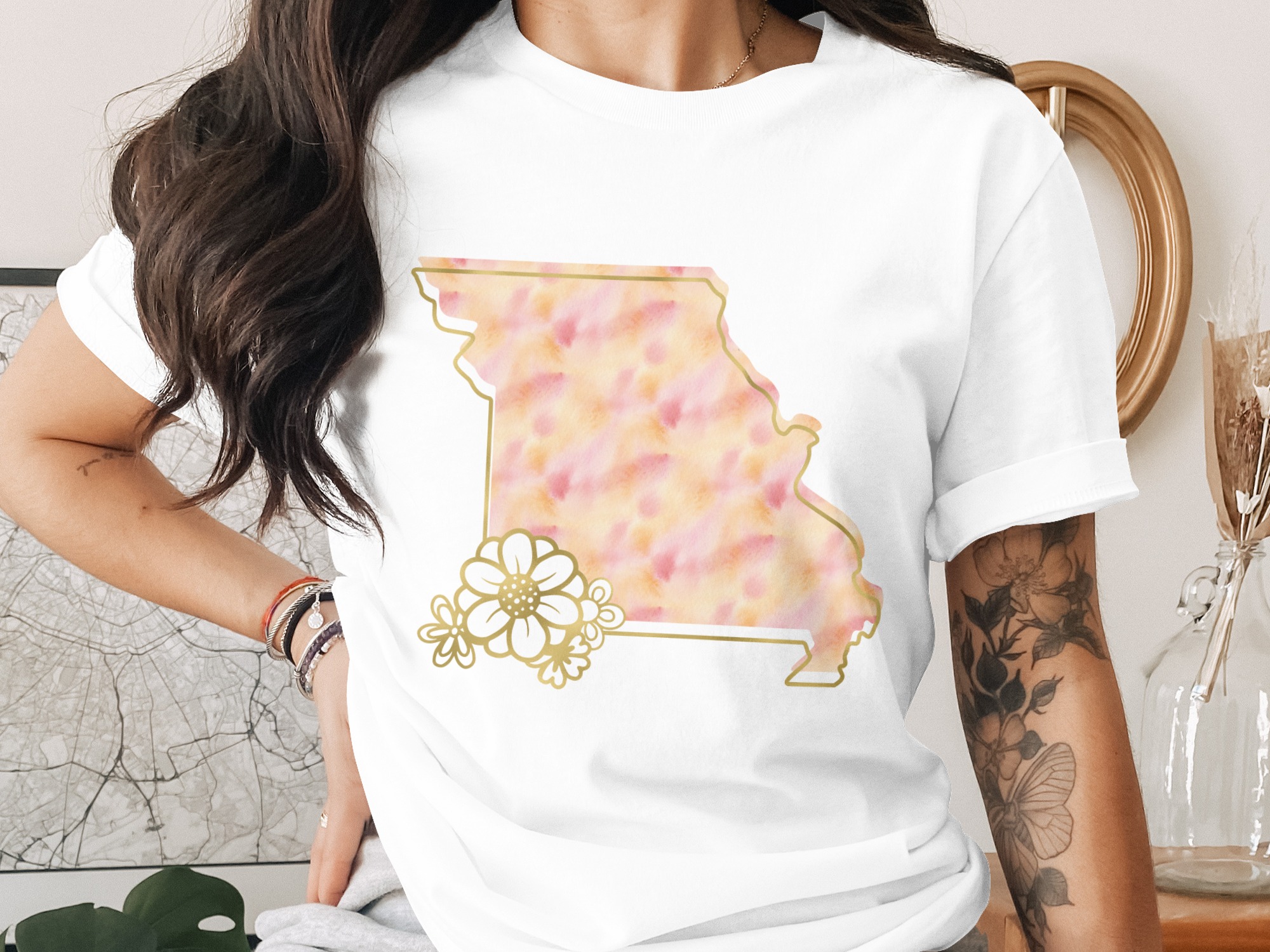 Missouri State Gold Watercolor Floral T-Shirt | MO Map Tee | Show-Me State Pride Gift for Her, Missouri Native & Resident