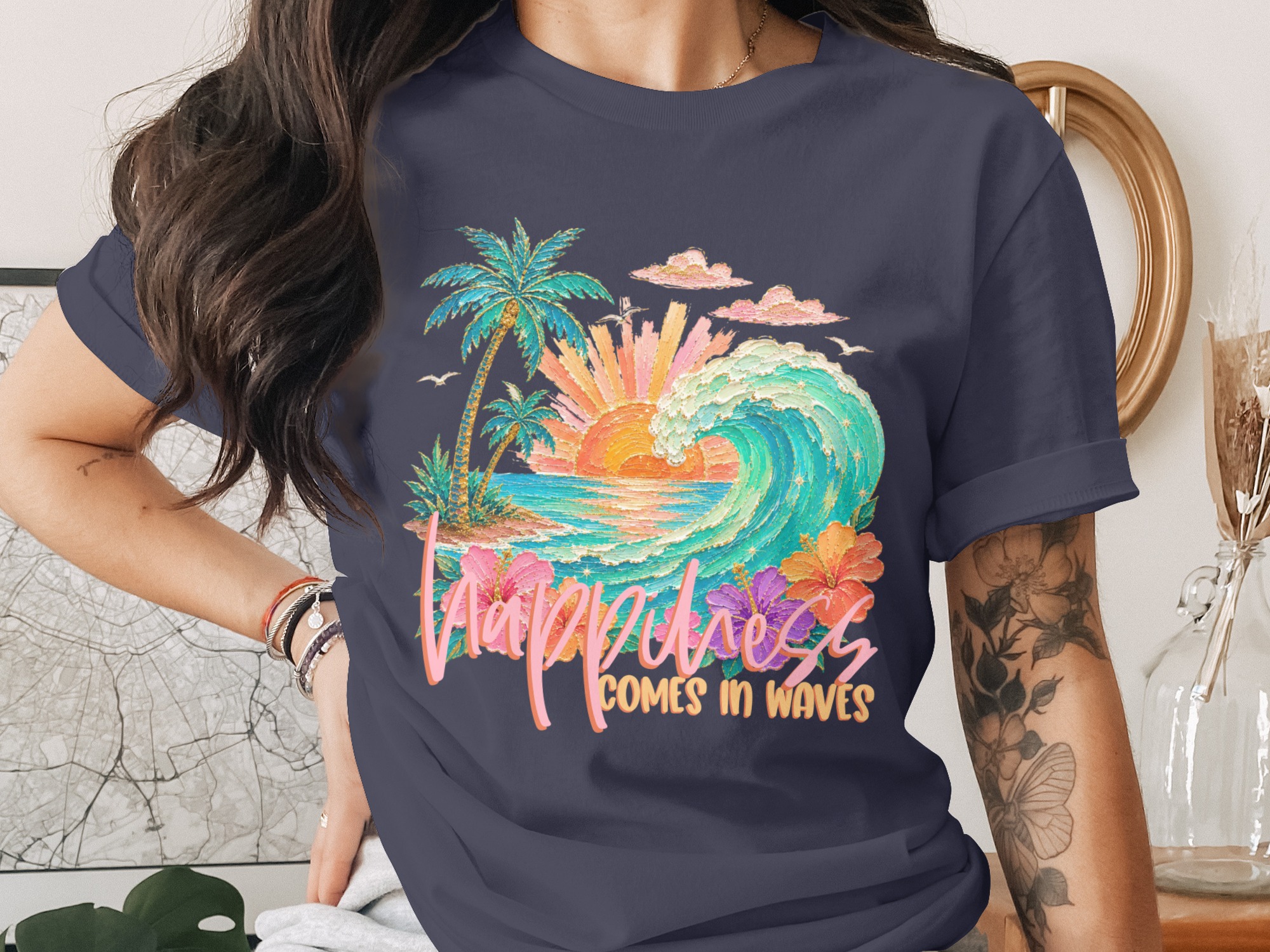 Happiness Comes in Waves T-Shirt, Tropical Beach Vacation Tee, Faux Glitter Print Ocean Wave Design, Palm Tree Sunset, Coastal Boho Summer - Image 3