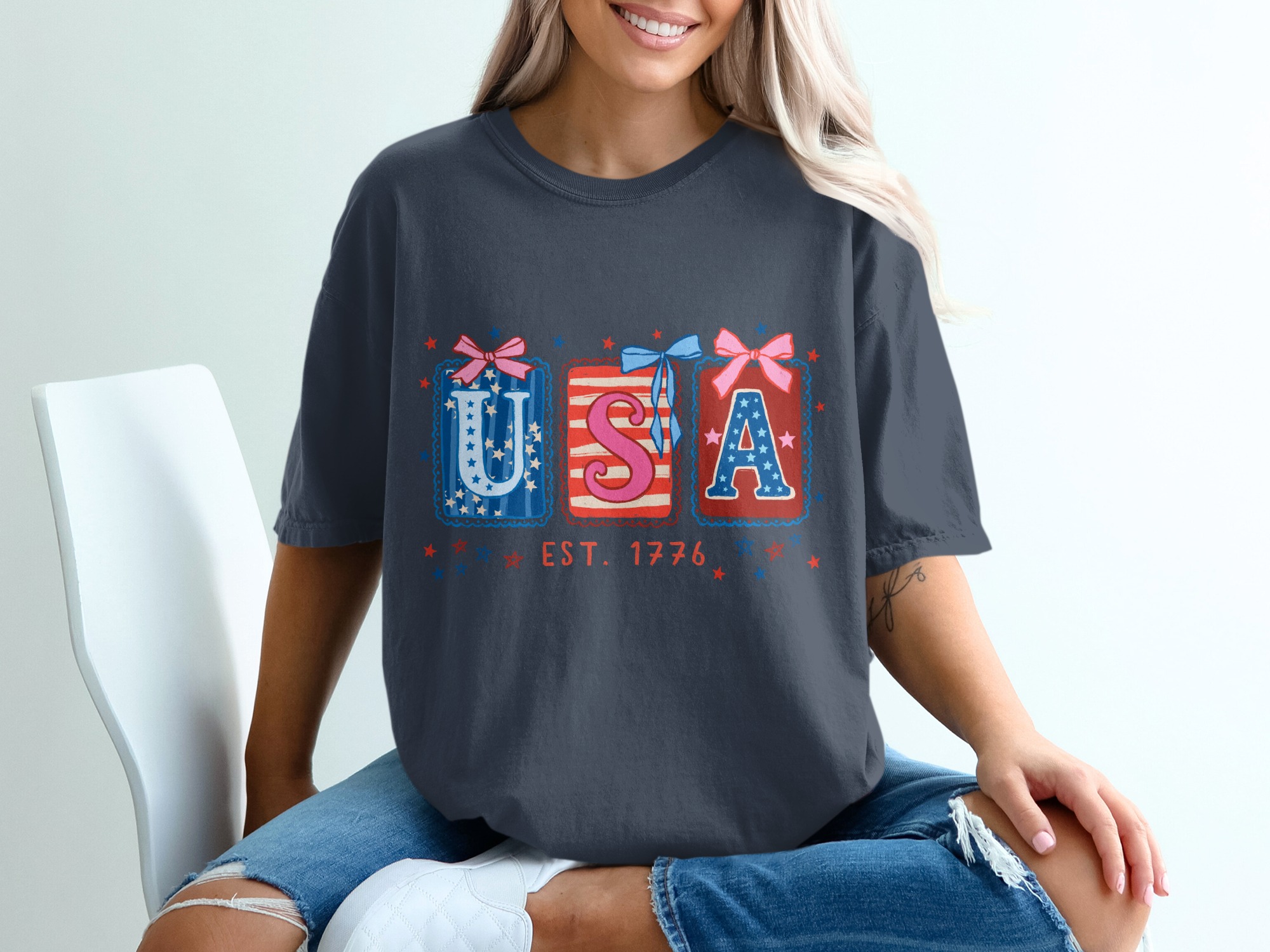 Patriotic USA Est 1776 T-Shirt, Whimsical Americana Tee, Fourth of July Top, Vintage Independence Day Shirt for Her, Cute Stars & Stripes - Image 12