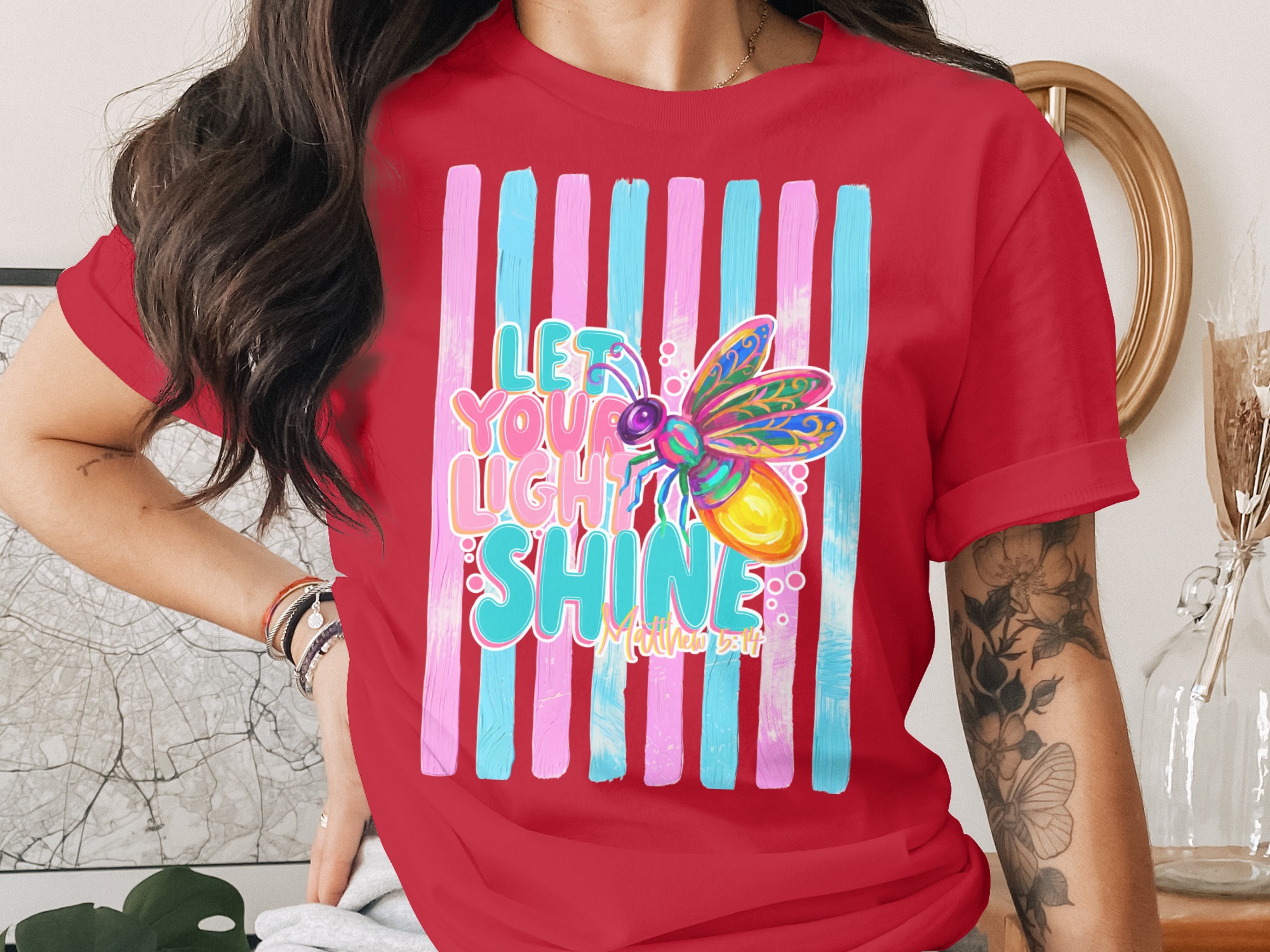 Comfort Colors ® Let Your Light Shine T-Shirt, Matthew 5:14 Scripture Tee, Colorful Firefly Christian Shirt, Inspirational Faith Gift for - Image 4
