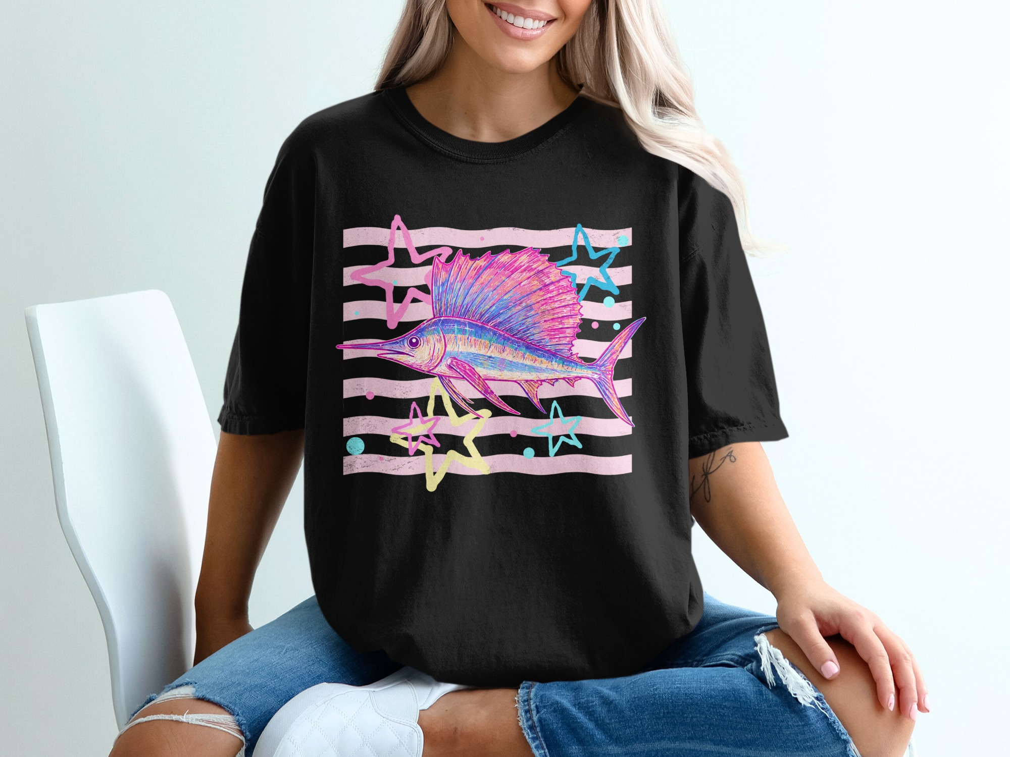 Vibrant Sailfish T-Shirt, Comfort Colors ®, Retro 80s Neon Fishing Shirt, Aesthetic Ocean Marine Life Graphic Tee, Beachy Angler Gift - Image 2