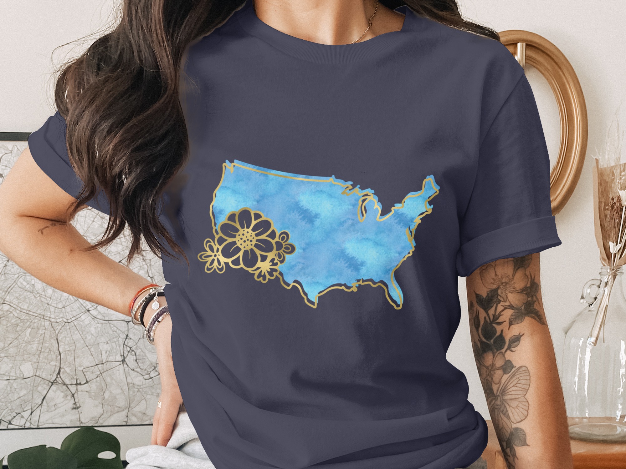 Watercolor USA Map T-Shirt, Faux Gold Floral America Outline Tee, Patriotic American Graphic Shirt, Gift for Her - Image 2