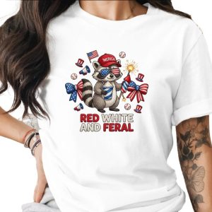 Red White and Feral Raccoon T-Shirt, Funny 4th of July Patriotic America Tee, Independence Day Party Animal Lover Gift