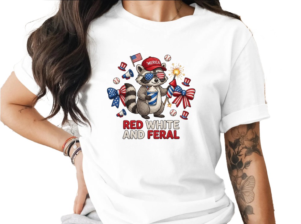 Red White and Feral Raccoon T-Shirt, Funny 4th of July Patriotic America Tee, Independence Day Party Animal Lover Gift