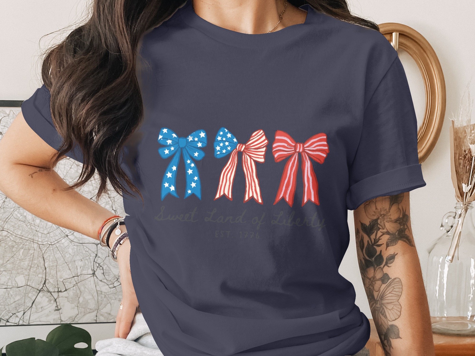 Patriotic Bows T-Shirt, Sweet Land of Liberty Shirt, 4th of July Tee, Distressed Americana Shirt, Vintage Style USA Top, Independence Day - Image 3