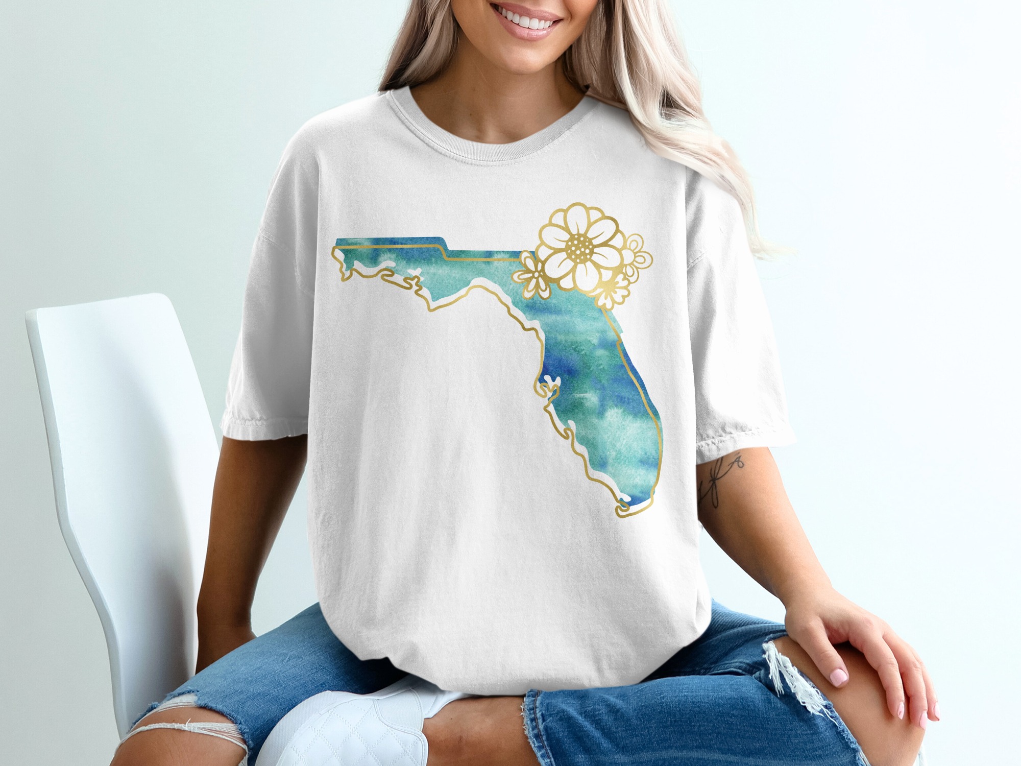 Watercolor Florida T-Shirt with Faux Gold Floral Outline | Coastal Florida State Tee | Florida Lover Gift for Women | Vacation Travel Shirt - Image 6