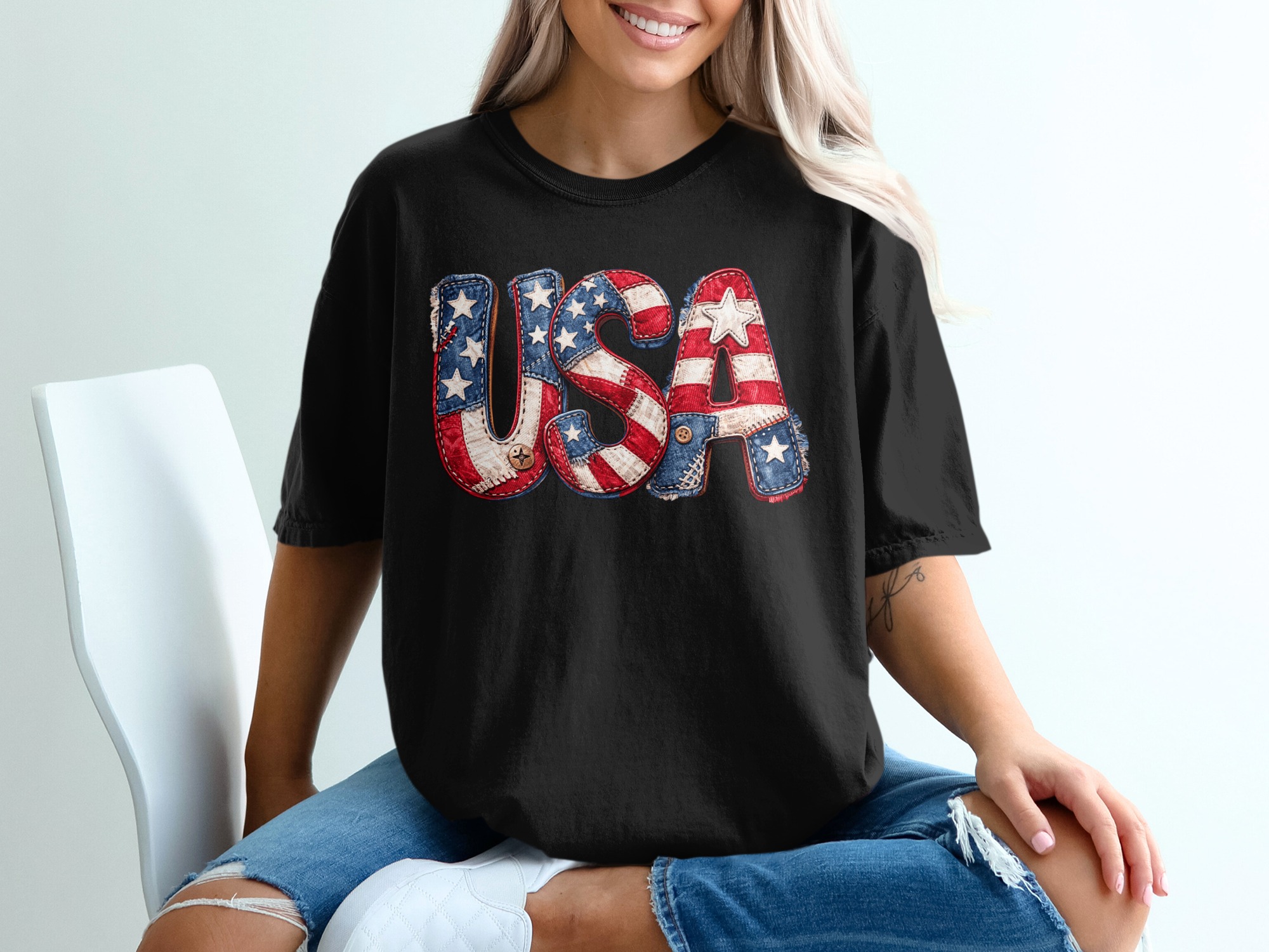 Patriotic USA T-Shirt, Faux Patchwork American Flag Tee, Rustic Country Star Stripes Top, 4th of July Celebration Shirt, Americana Gift - Image 5