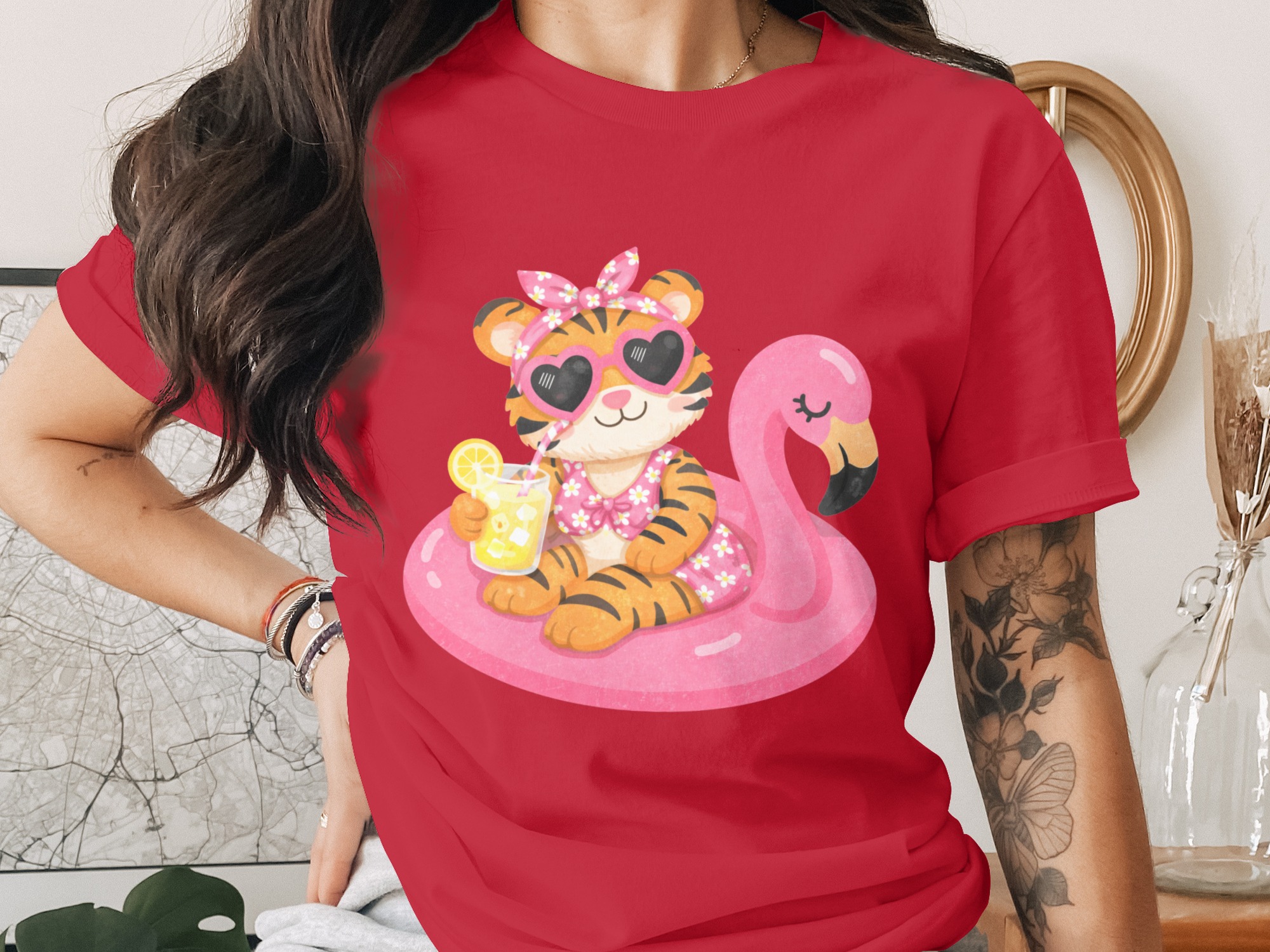 Kawaii Tiger on Flamingo Float T-Shirt - Image 2