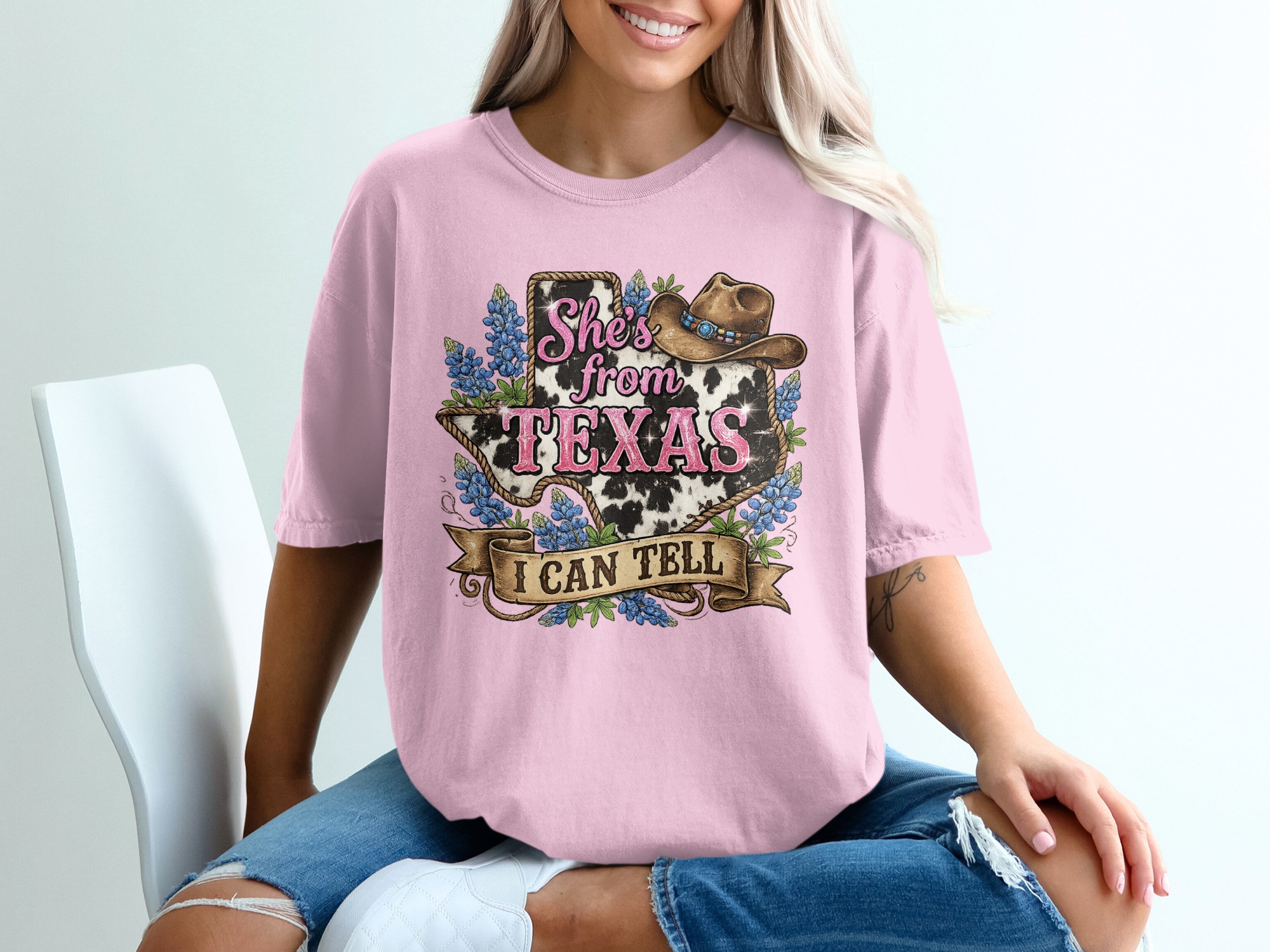 She's from Texas T-Shirt, Cow Print Bluebonnet Texas Tee, Western Country Style Southern Pride Gift for Her - Image 17