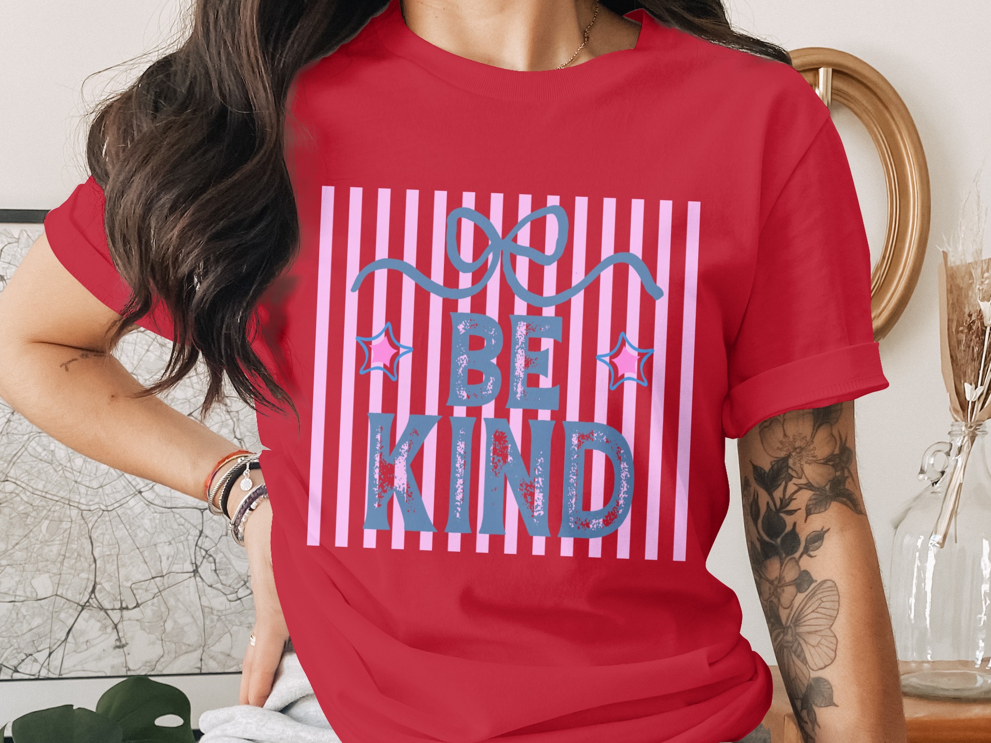 Be Kind T-Shirt, Distressed Kindness Shirt, Positive Message Aesthetic Tee, Pastel Stripes Graphic Top, Cute Encouragement Gift for Her - Image 4