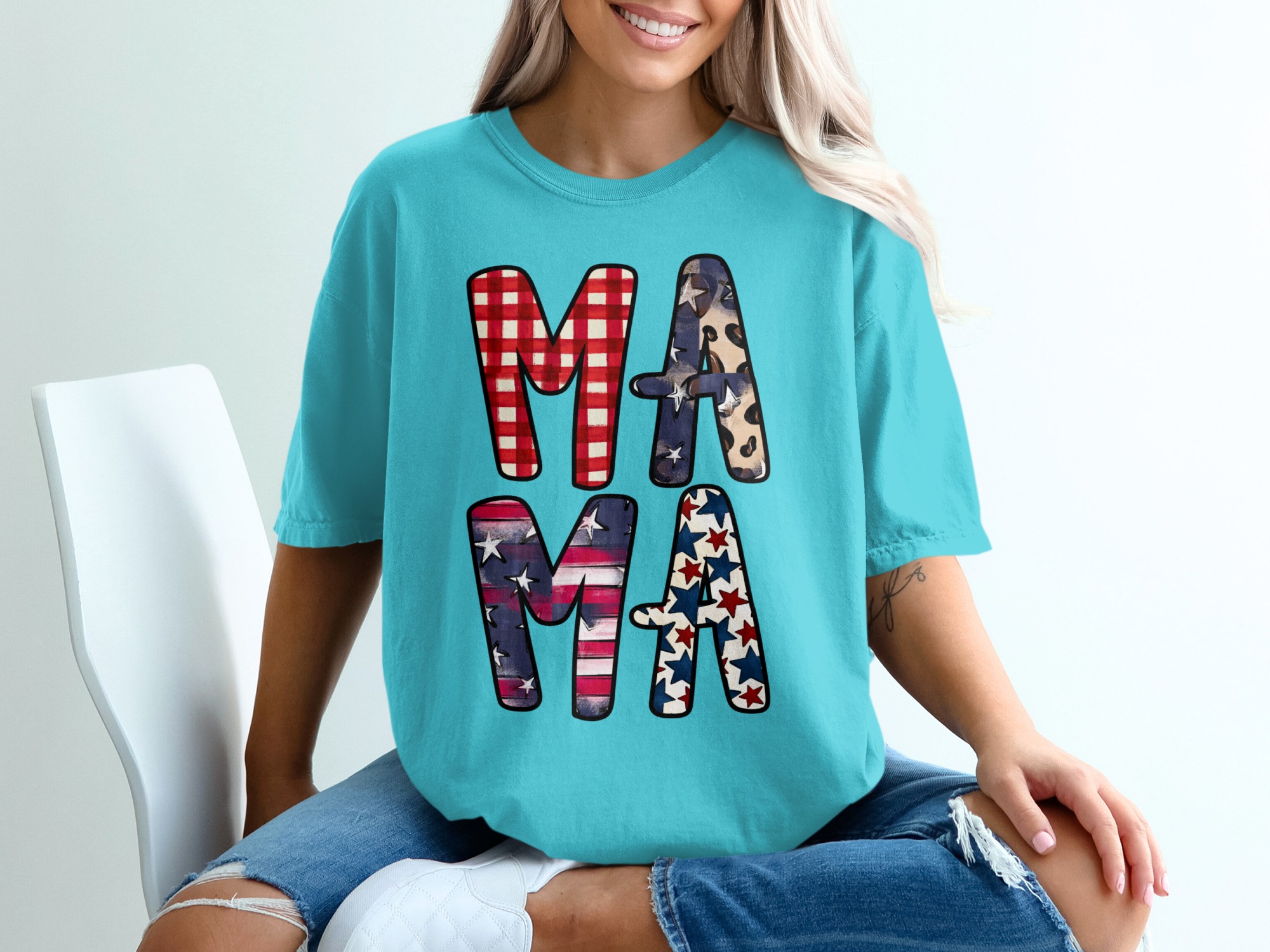 Patriotic Mama T-Shirt, Distressed Flag & Leopard Print Stars Tee, Buffalo Plaid Americana Mom Life Gift - Image 9