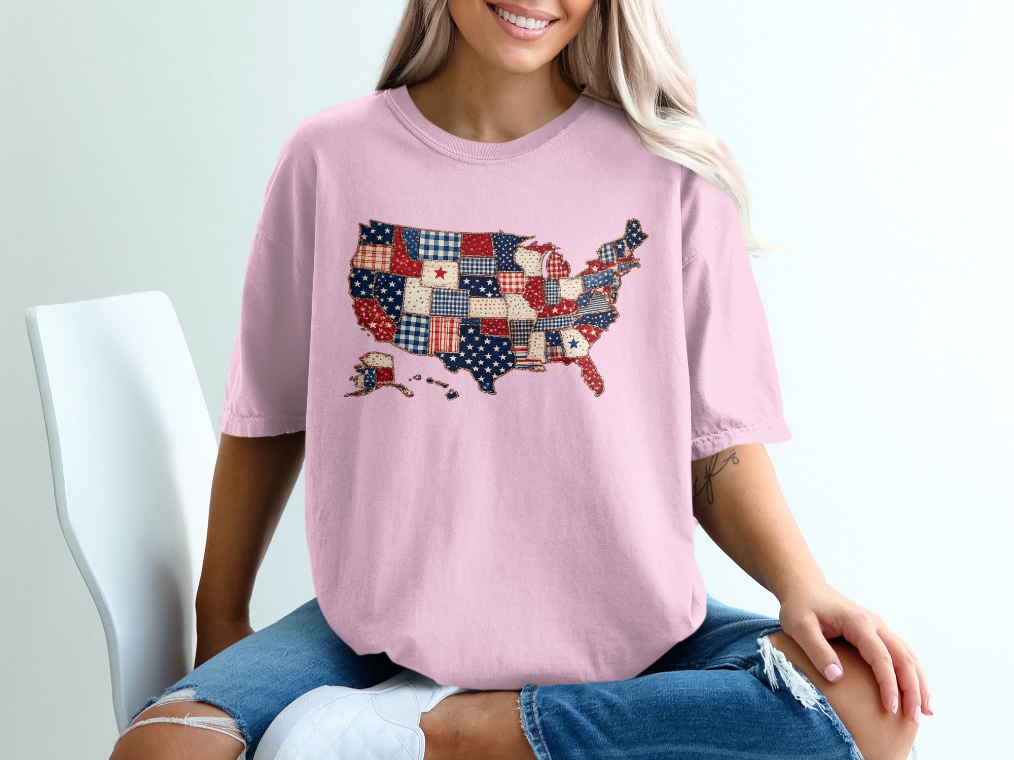 Patriotic USA Map T-Shirt, Americana Quilt Print Tee, Distressed American Flag Shirt, 4th of July Outfit, Veteran Gift Idea - Image 17