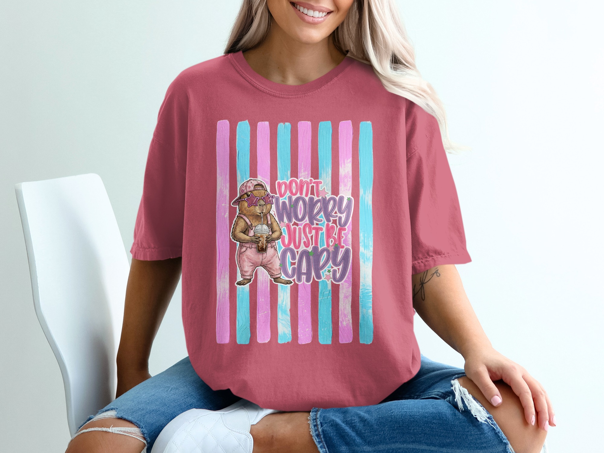 Comfort Colors ® Capybara T-Shirt, 'Don't Worry Just Be Capy' Cute Animal Lover Tee, Iced Coffee Capybara Shirt, Whimsical Pastel Gift Idea - Image 15