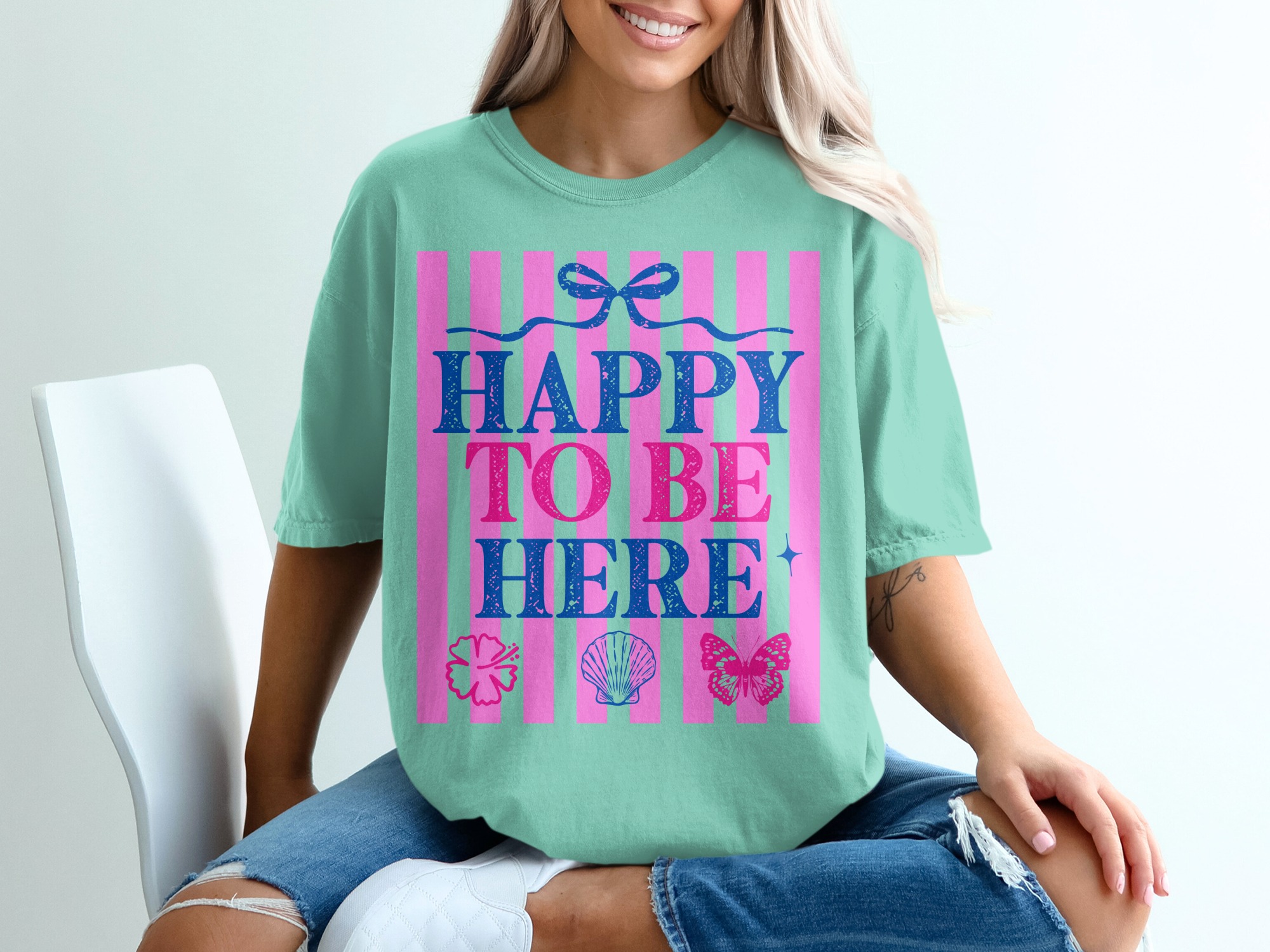 Happy To Be Here T-shirt | Barbiecore Aesthetic Tee | Pink & Blue Summer Vacation Shirt | Positive Vibes Travel Tee Gift for Her - Image 10