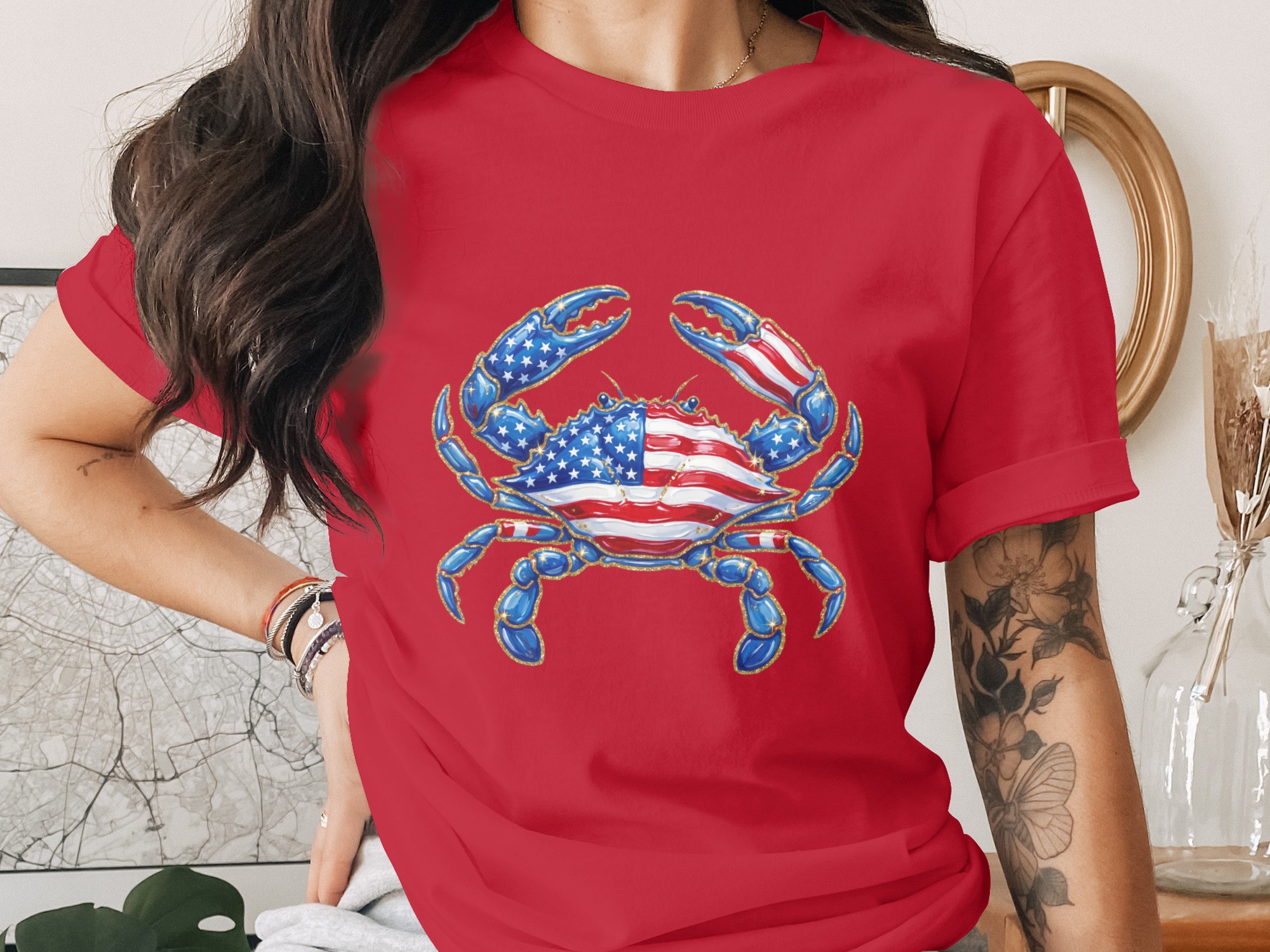 Patriotic Crab T-Shirt, American Flag Glitter Effect Crab Tee, Fourth of July Summer Top, USA Pride Coastal Crab Lover Gift - Image 4