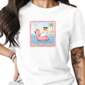 Goose Girl Summer T-Shirt, Cute Flamingo Float Vacation Shirt, Beach Lover Tee, Fun Animal Graphic Top for Her, Summer Trip Gift