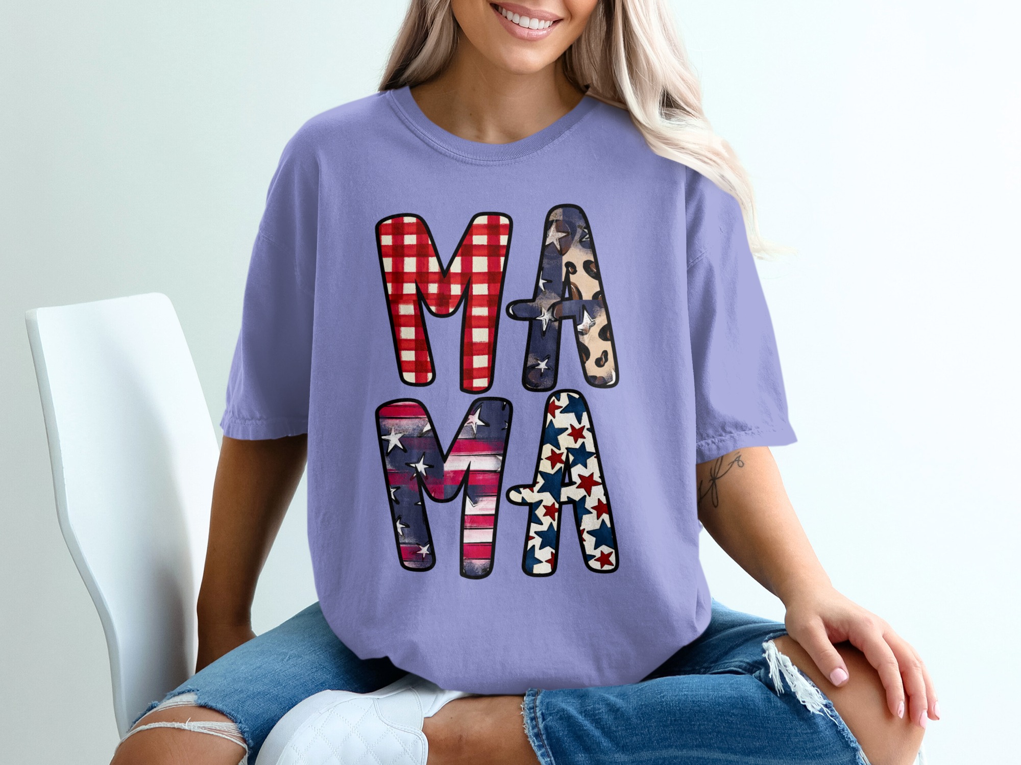 Patriotic Mama T-Shirt, Distressed Flag & Leopard Print Stars Tee, Buffalo Plaid Americana Mom Life Gift - Image 18