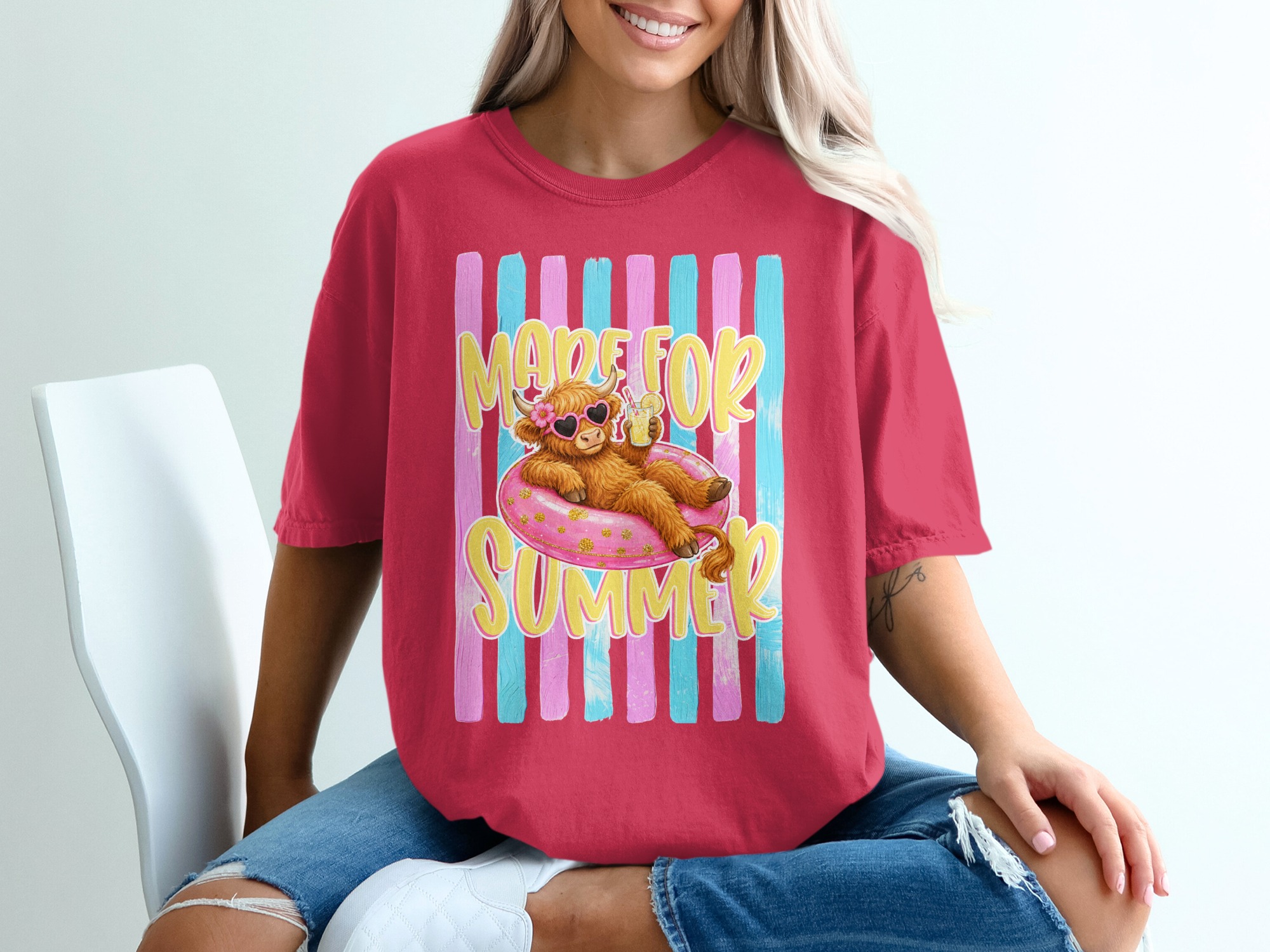 Comfort Colors ® Made For Summer Highland Cow T-Shirt, Vacation Mode Cute Cow Shirt, Beachy Pink Glitter Highland Cattle Tee, Funny Animal - Image 14
