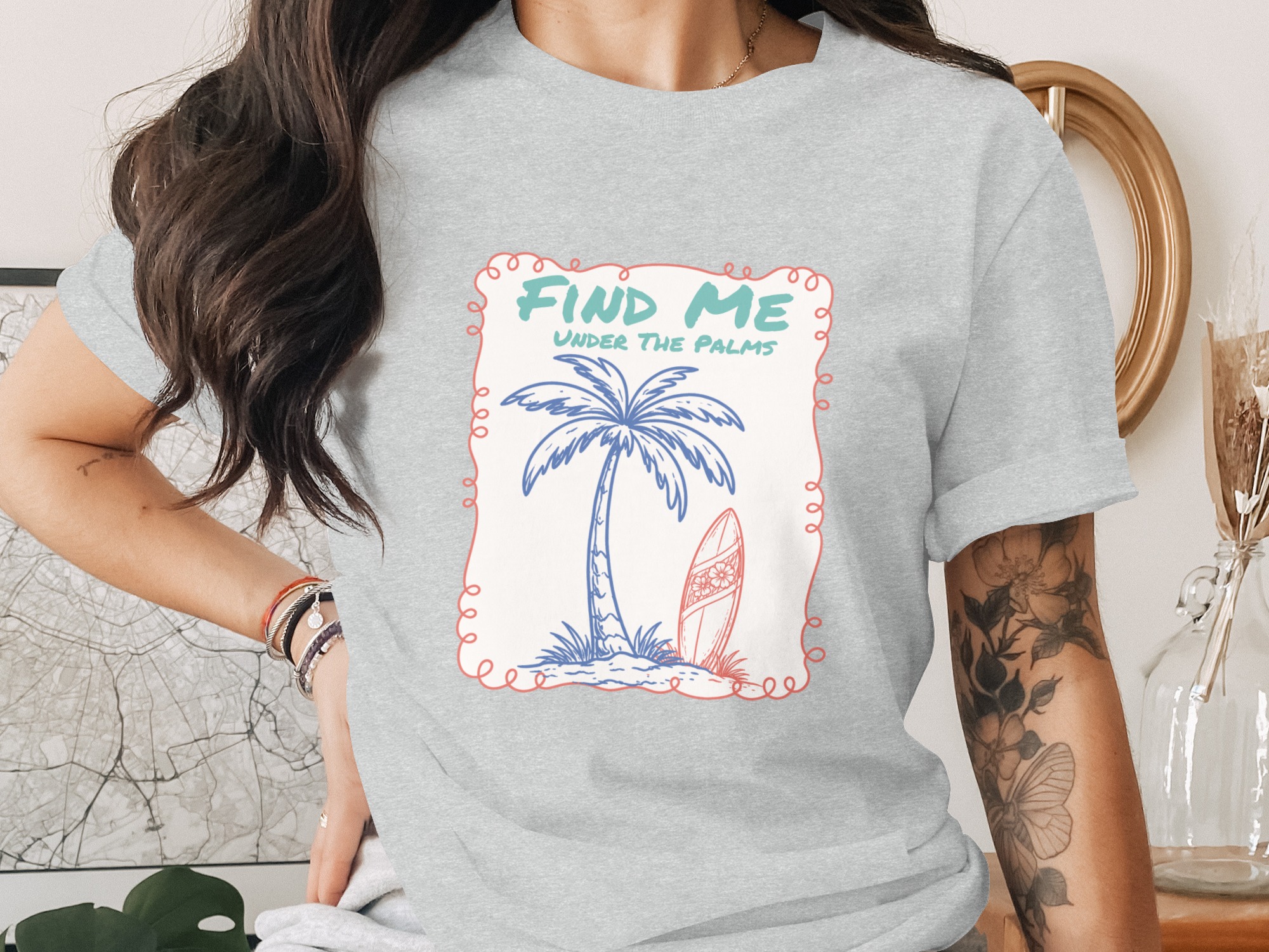 Find Me Under The Palms T-Shirt | Beachy Vacation Tee, Coastal Palm Tree Surfboard Shirt, Summer Travel Gift for Her, Relaxed Beach Vibe Top