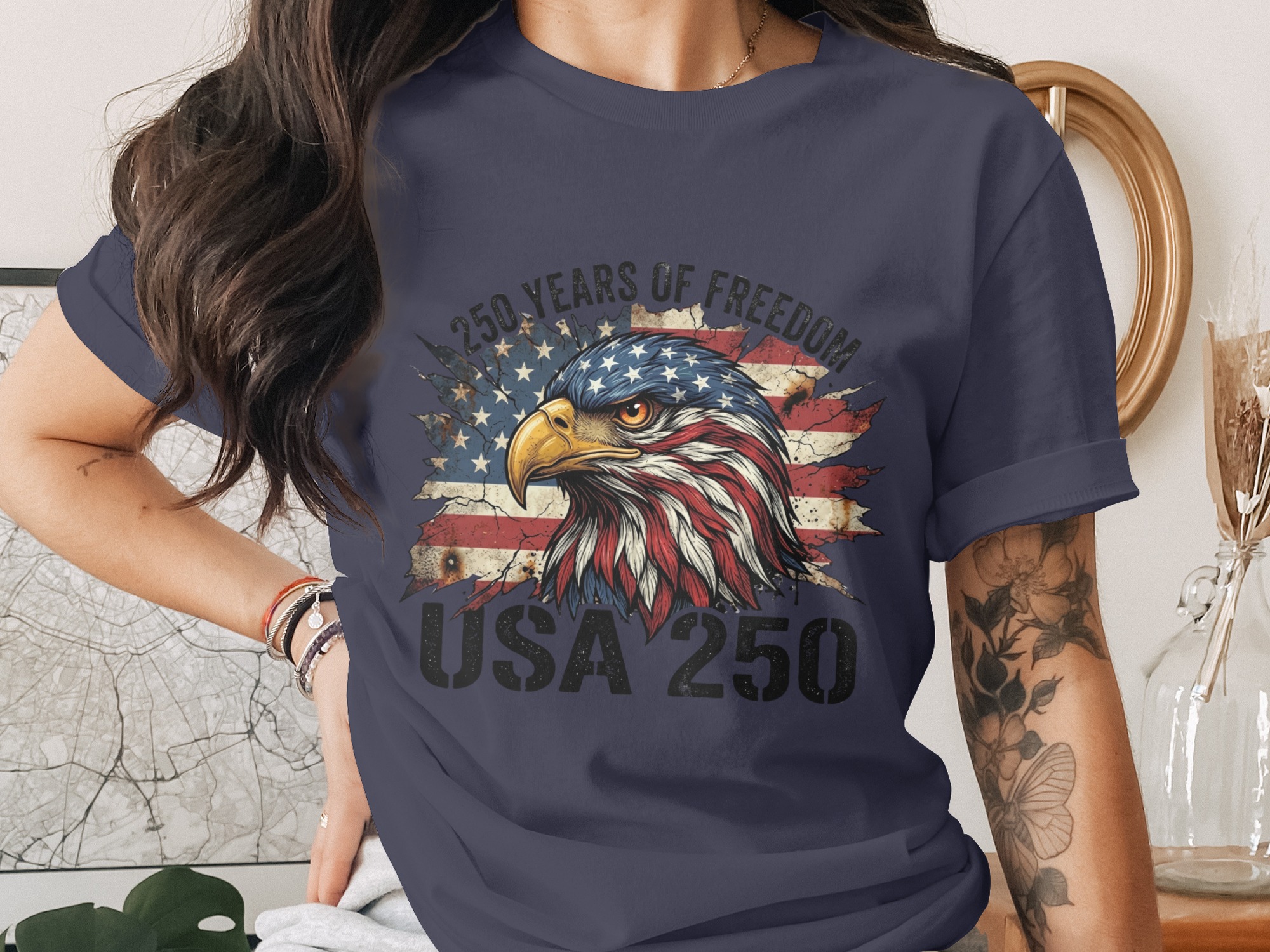 Patriotic American Eagle T-Shirt, USA 250 Years of Freedom Flag Tee, Distressed Heritage Commemorative Independence Day Shirt - Image 3
