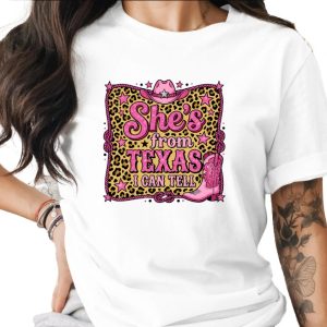 She's from Texas T-Shirt, Pink Leopard Cowgirl Shirt, Texas Pride Western Tee, Rodeo Bachelorette Party Gift, Southern Country Girl Fan