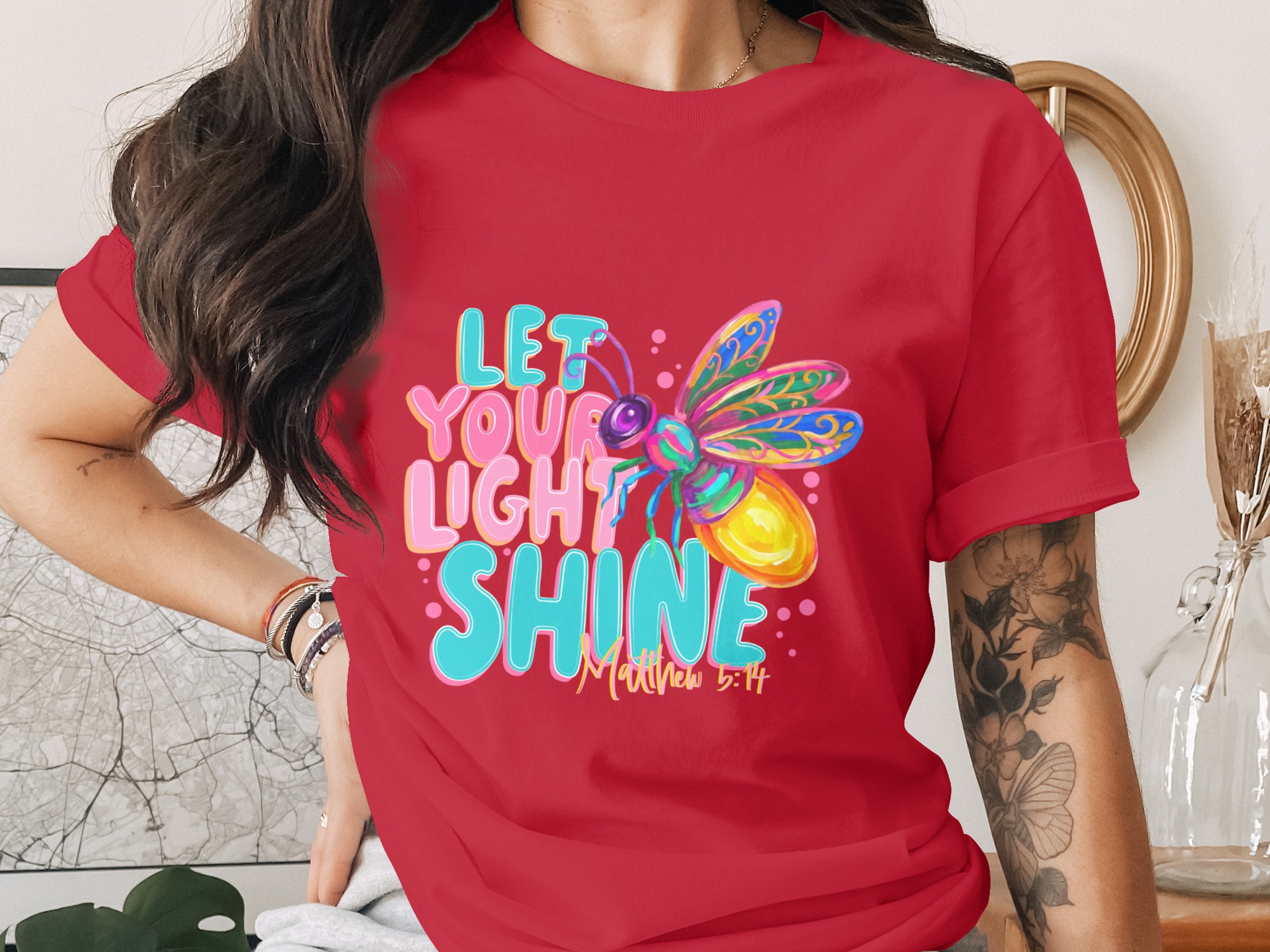 Let Your Light Shine T-Shirt, Matthew 5:14 Firefly Christian Tee, Inspirational Faith Religious Scripture Gift, Colorful Women's Top - Image 4