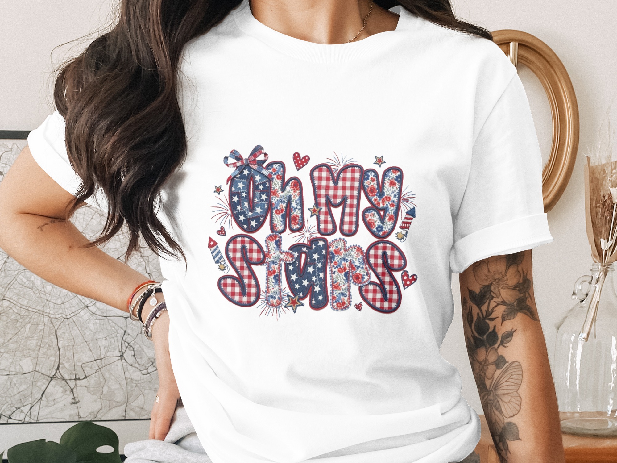 Oh My Stars Patriotic T-Shirt, Faux Patchwork Americana Tee, Fourth of July Celebration Top, Memorial Day Gift, Women's Summer Outfit
