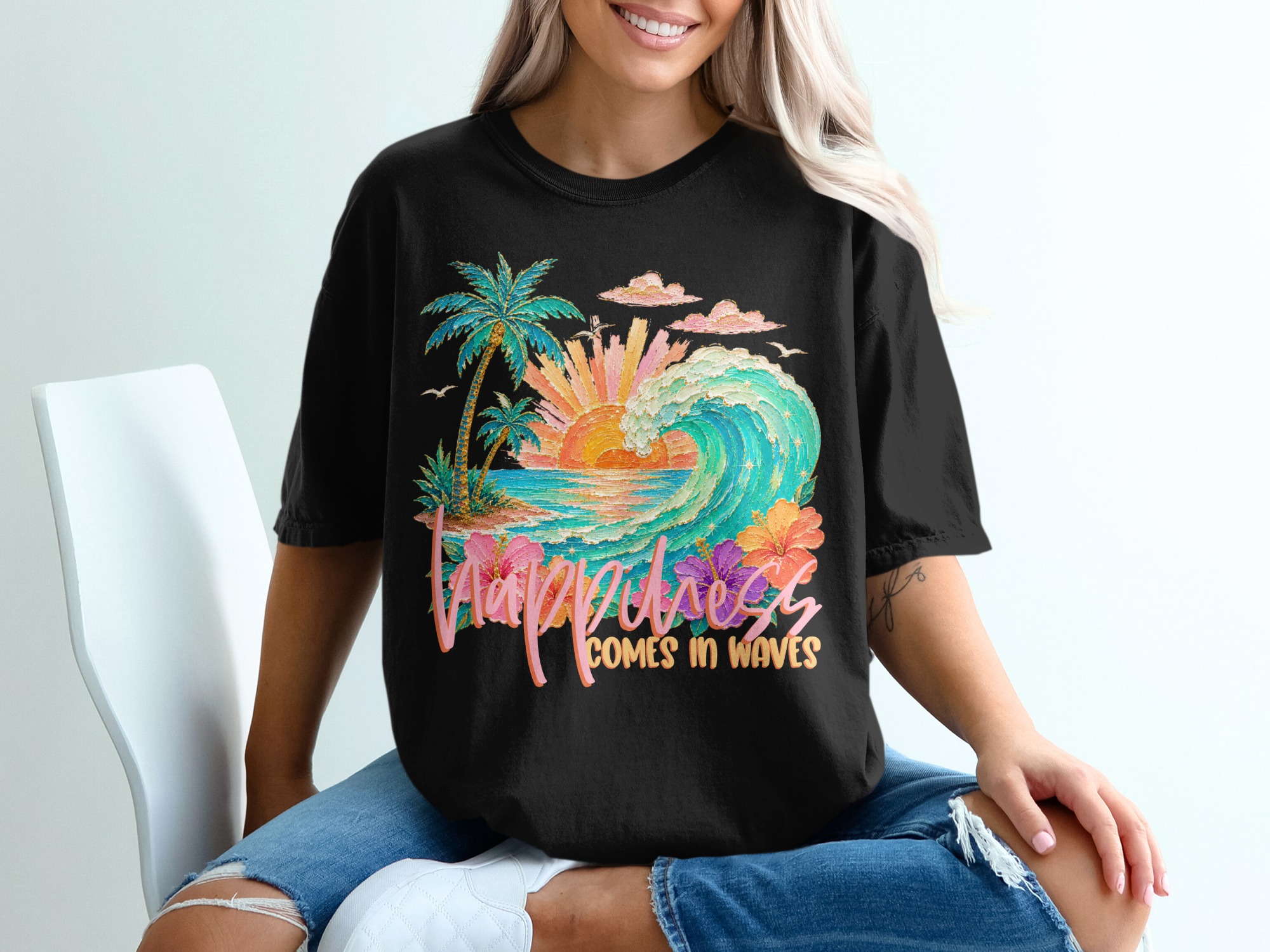 Happiness Comes in Waves T-Shirt, Tropical Beach Vacation Tee, Faux Glitter Print Ocean Wave Design, Palm Tree Sunset, Coastal Boho Summer - Image 8