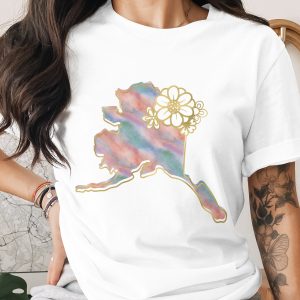 Alaska Watercolor Floral T-Shirt, Faux Gold Alaska State Outline Shirt, Boho Alaskan Gift for Her, Travel Souvenir Tee