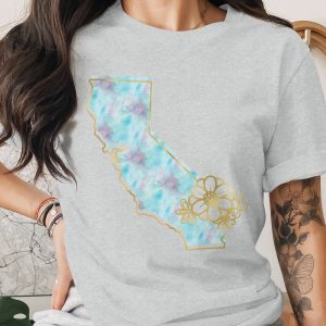 Watercolor California Floral T-shirt, Golden State Faux Gold Outline Tee, Boho California Lover Gift, Women's Travel Tee