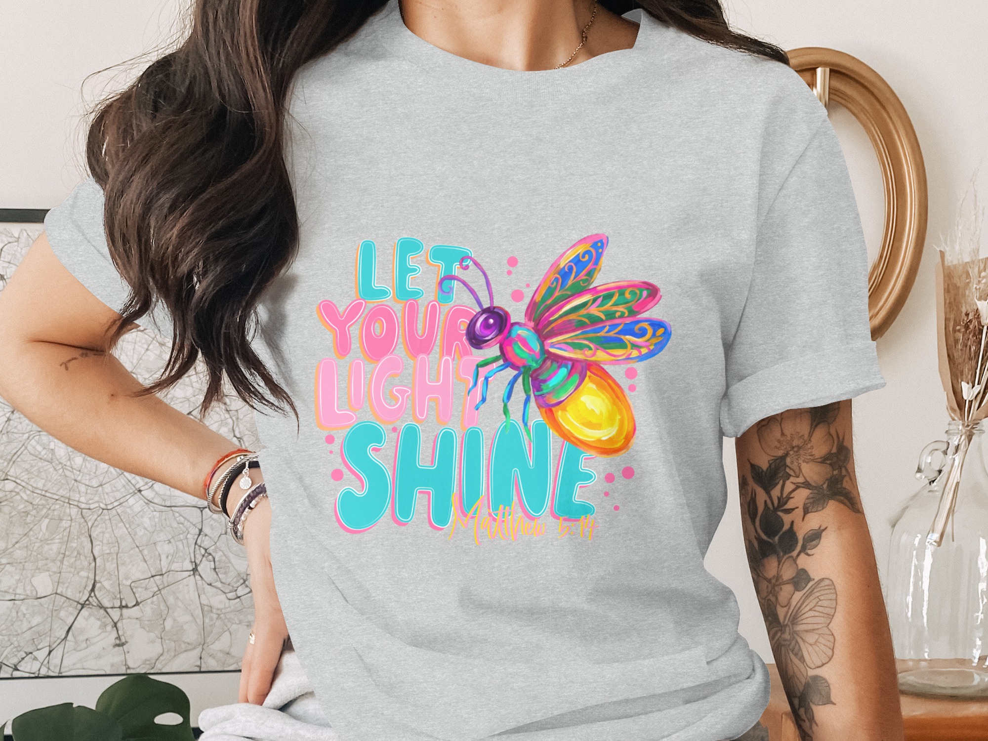 Let Your Light Shine T-Shirt, Matthew 5:14 Firefly Christian Tee, Inspirational Faith Religious Scripture Gift, Colorful Women's Top - Image 2