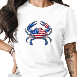Patriotic Crab T-Shirt, American Flag Glitter Effect Crab Tee, Fourth of July Summer Top, USA Pride Coastal Crab Lover Gift