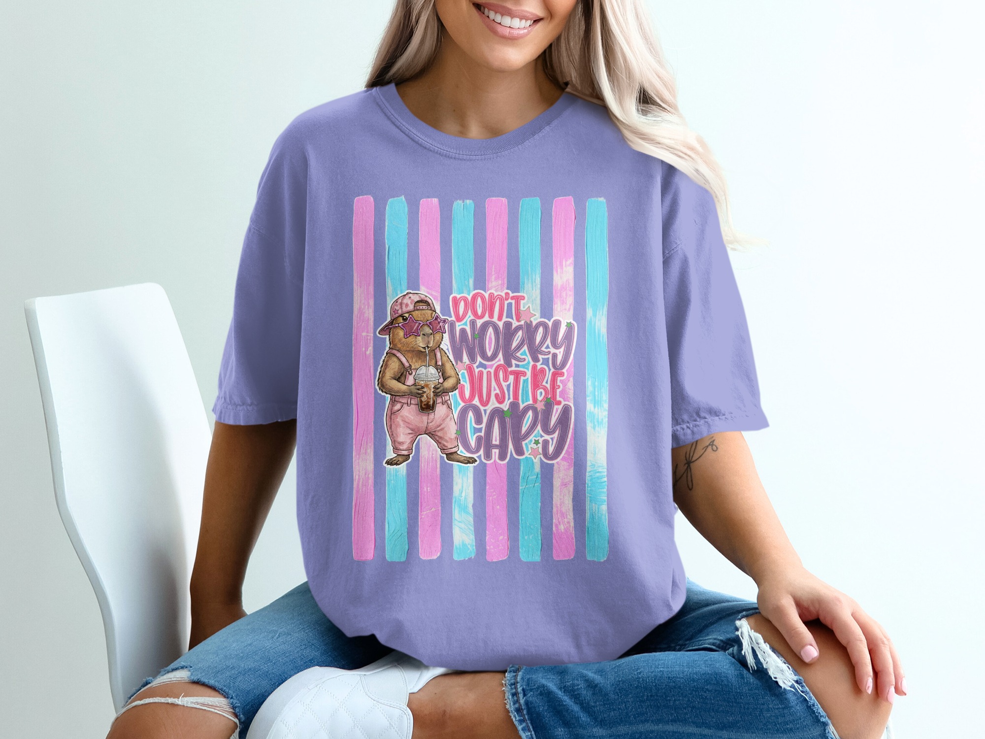 Comfort Colors ® Capybara T-Shirt, 'Don't Worry Just Be Capy' Cute Animal Lover Tee, Iced Coffee Capybara Shirt, Whimsical Pastel Gift Idea - Image 18