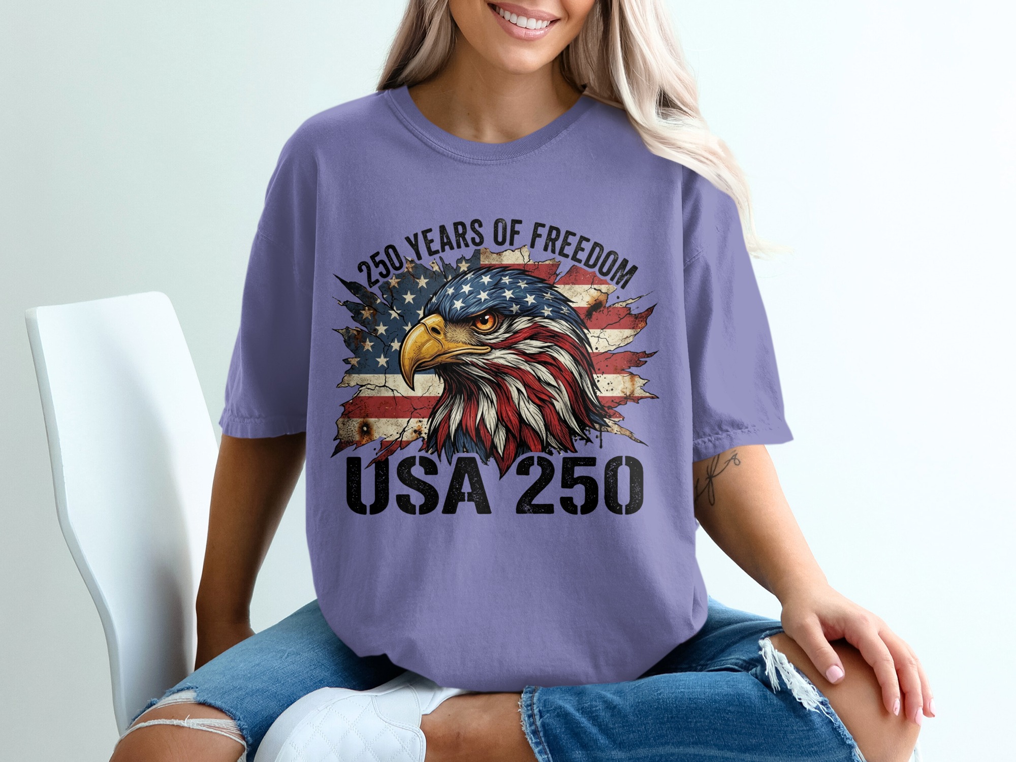 Patriotic American Eagle T-Shirt, USA 250 Years of Freedom Flag Tee, Distressed Heritage Commemorative Independence Day Shirt - Image 13
